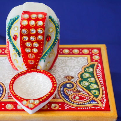 Kishangarh Marble Ganesha Chowki with Peacock Motifs