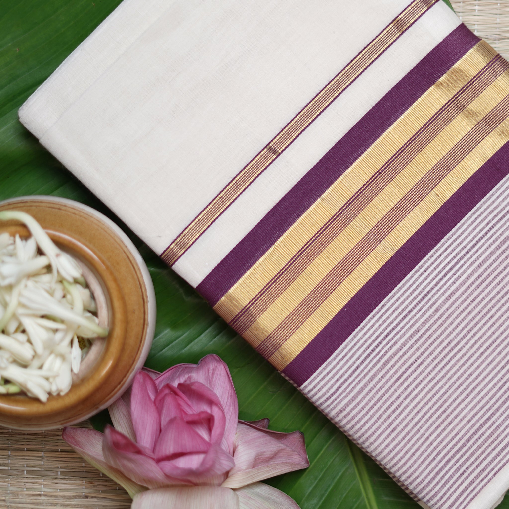 Shop Kerala Kasavu White Saree with Gold & Purple Border detailing Online