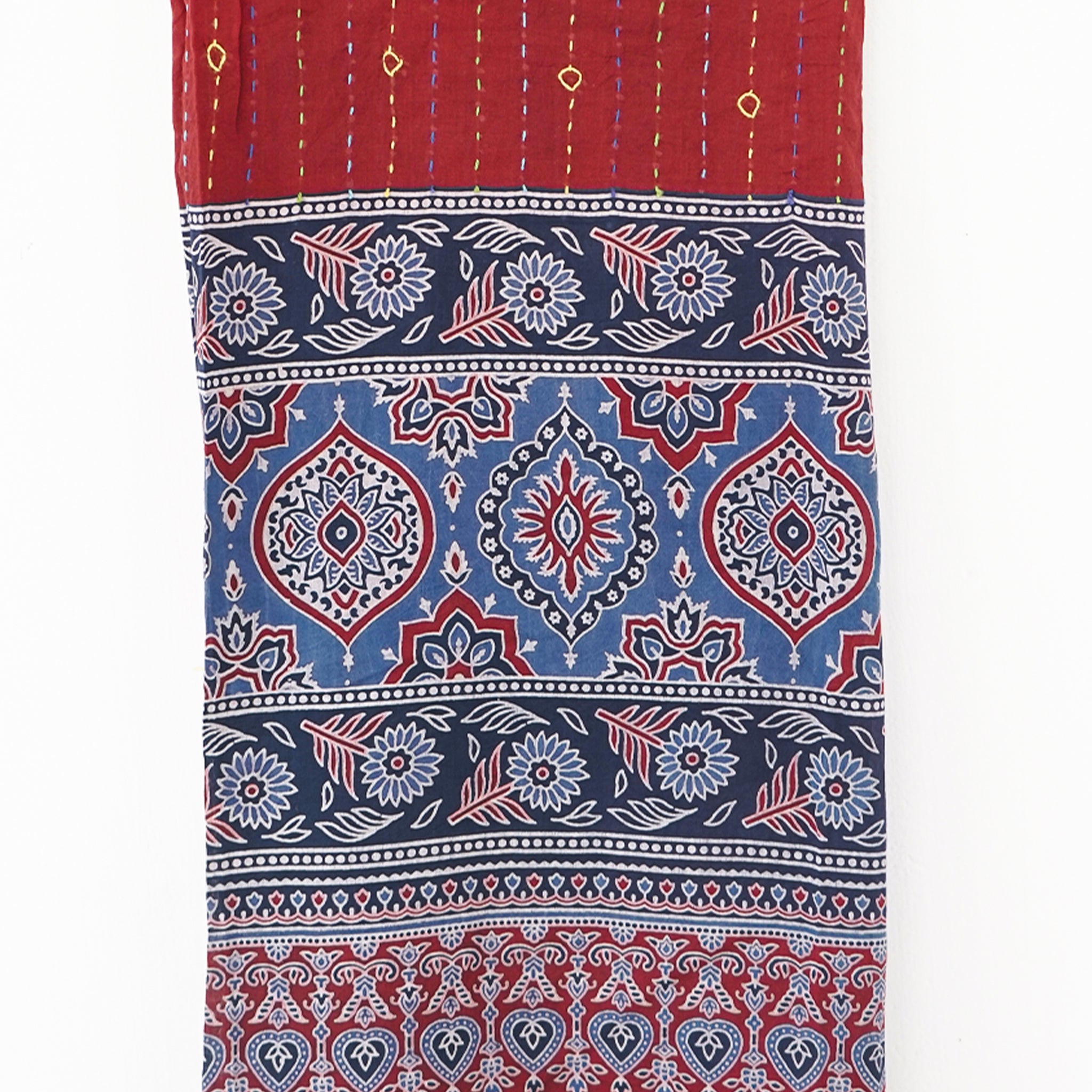 Elegant Ajrakh Block Print Dupatta with Kantha Embroidery – Red & blue