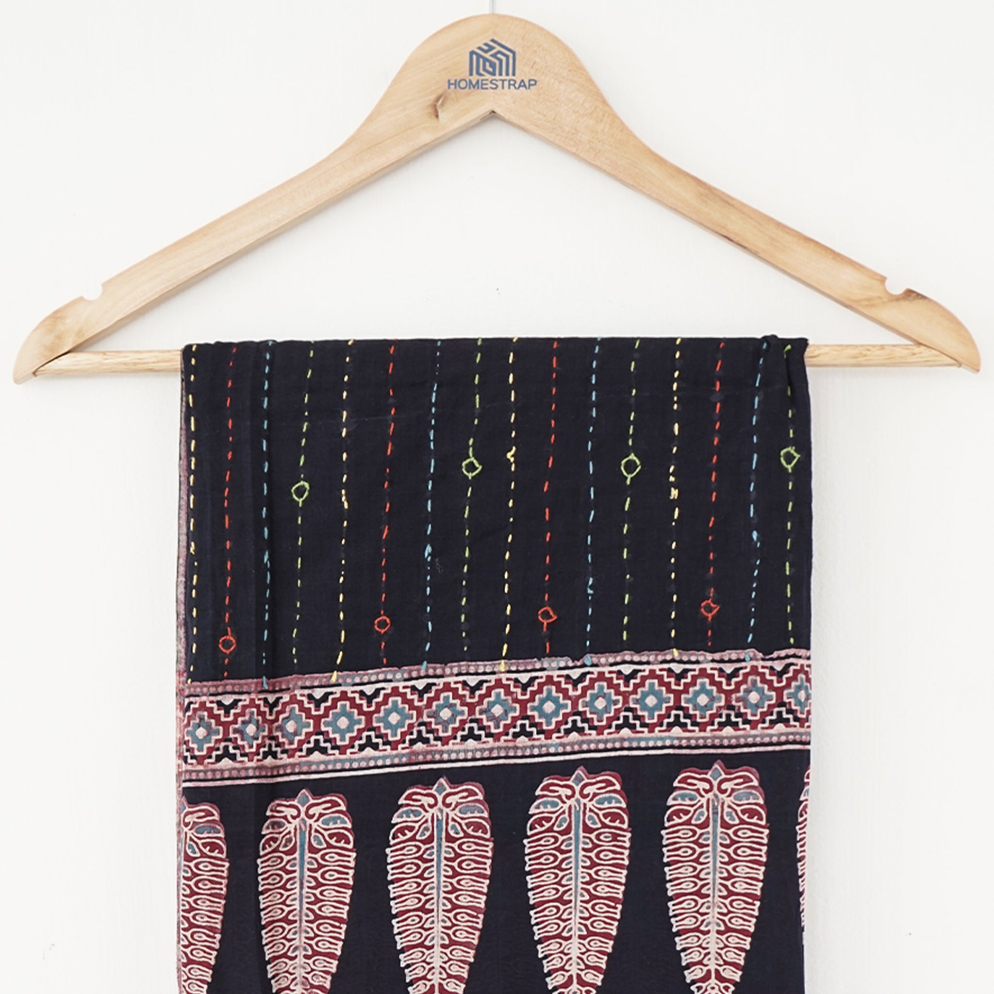 Elegant Ajrakh Block Print Dupatta with Kantha Embroidery – Red & Black