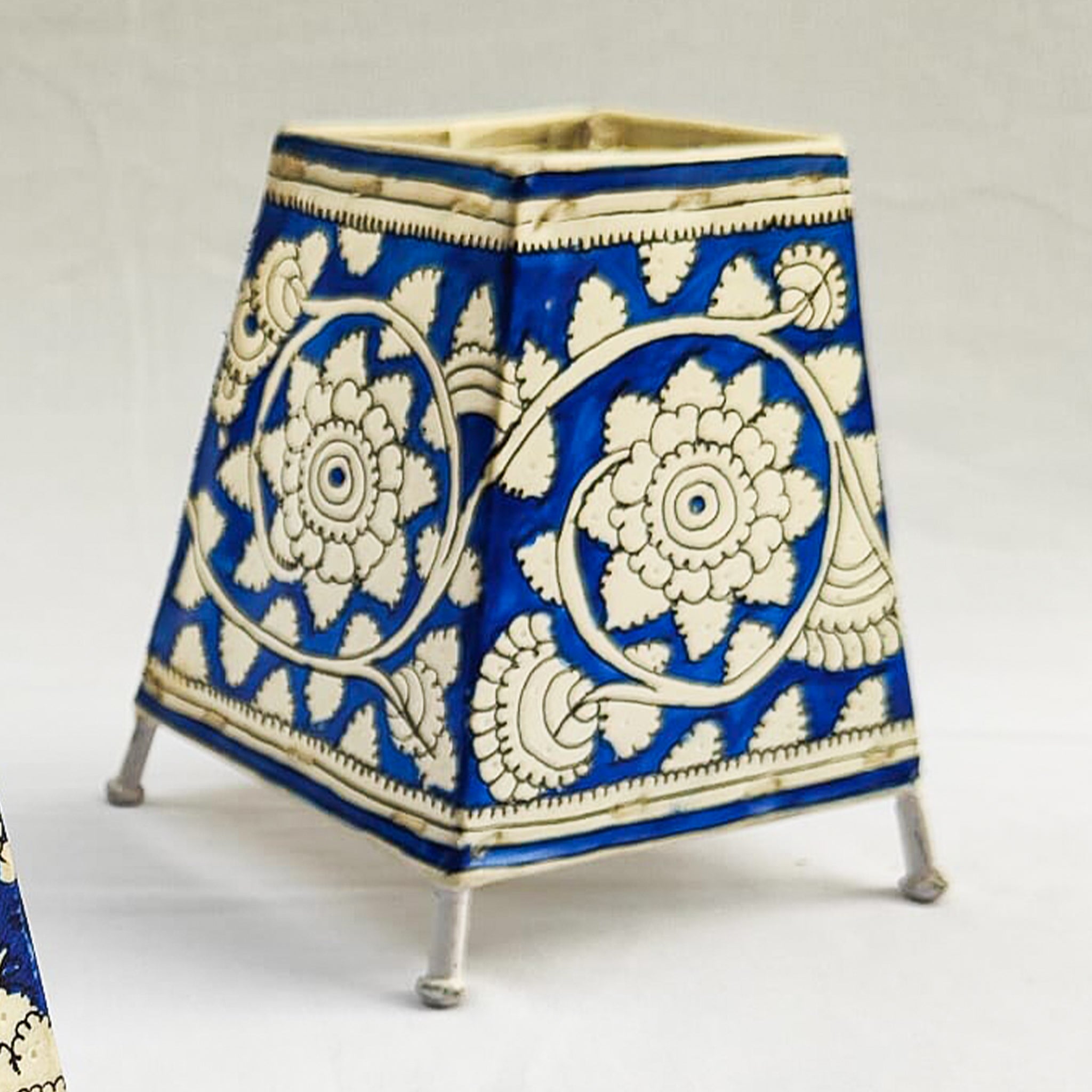 Blue Square Andhra Leather Table Lamp Floral Jhal & Fauna for Artistic Decor