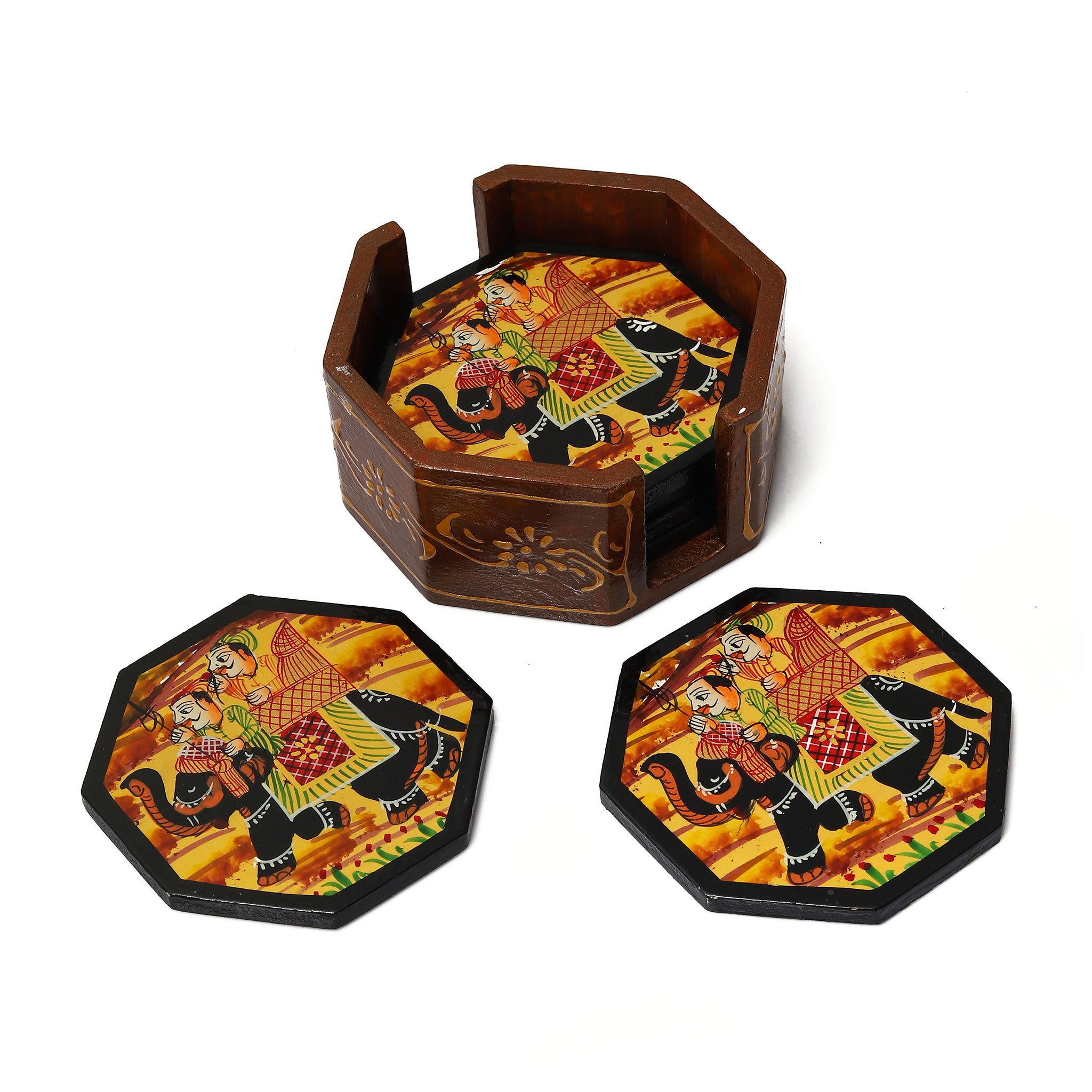 Hand Painted Ambabari Elephant octagonal Shaped Wooden Tea Coaster - Set of 6