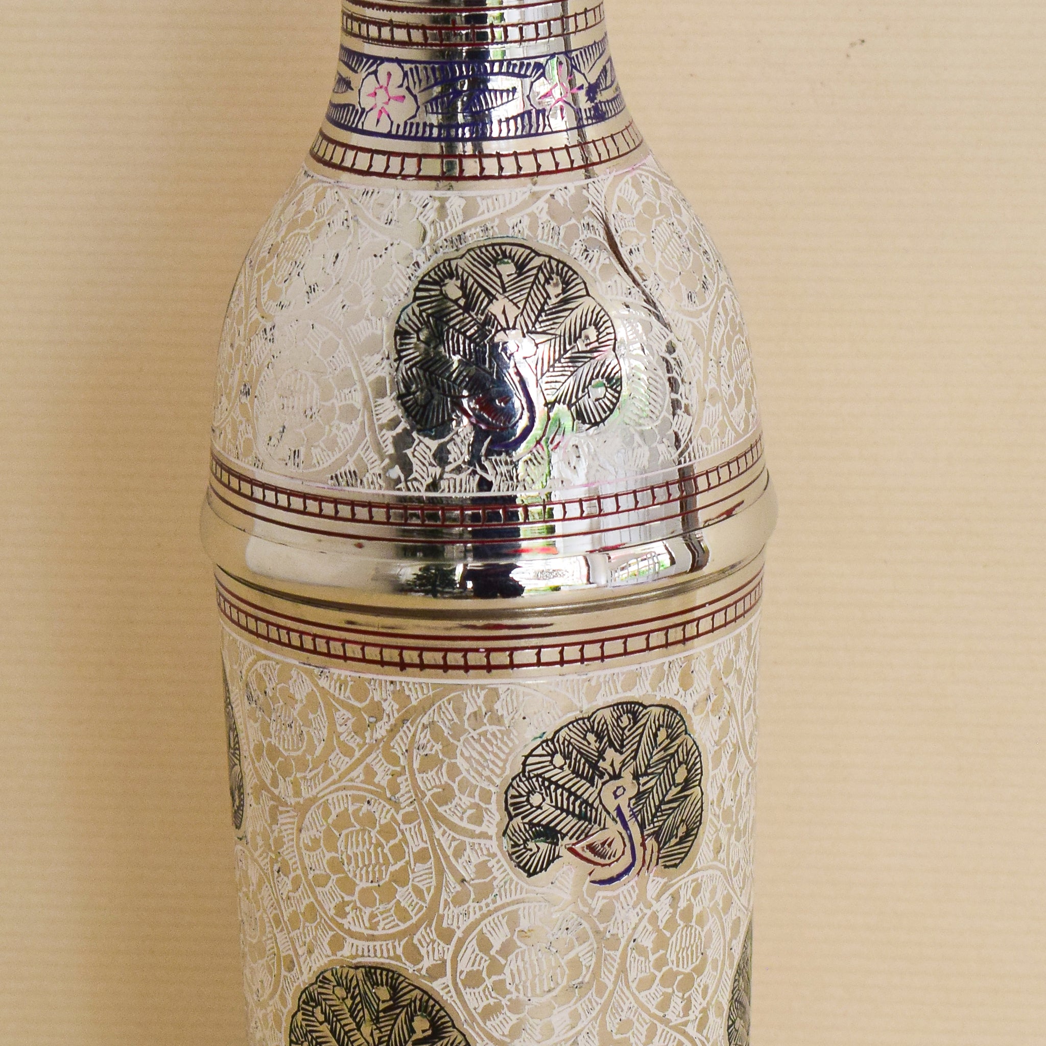 Brass Wine Bottle Holder with Peacock Motif Minakari Work a Traditional Art