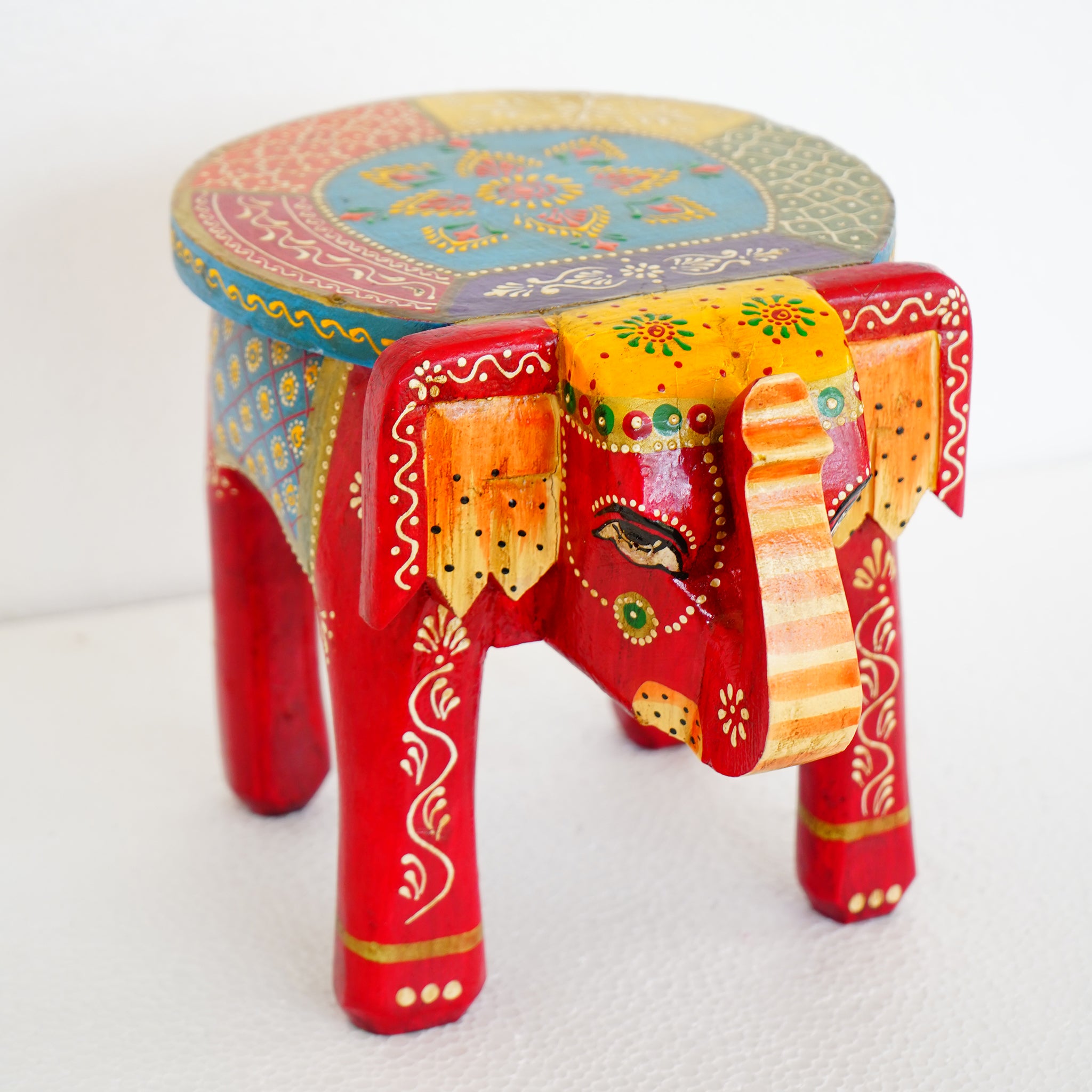 Hand-Painted Wooden Elephant Stool-Multicolor