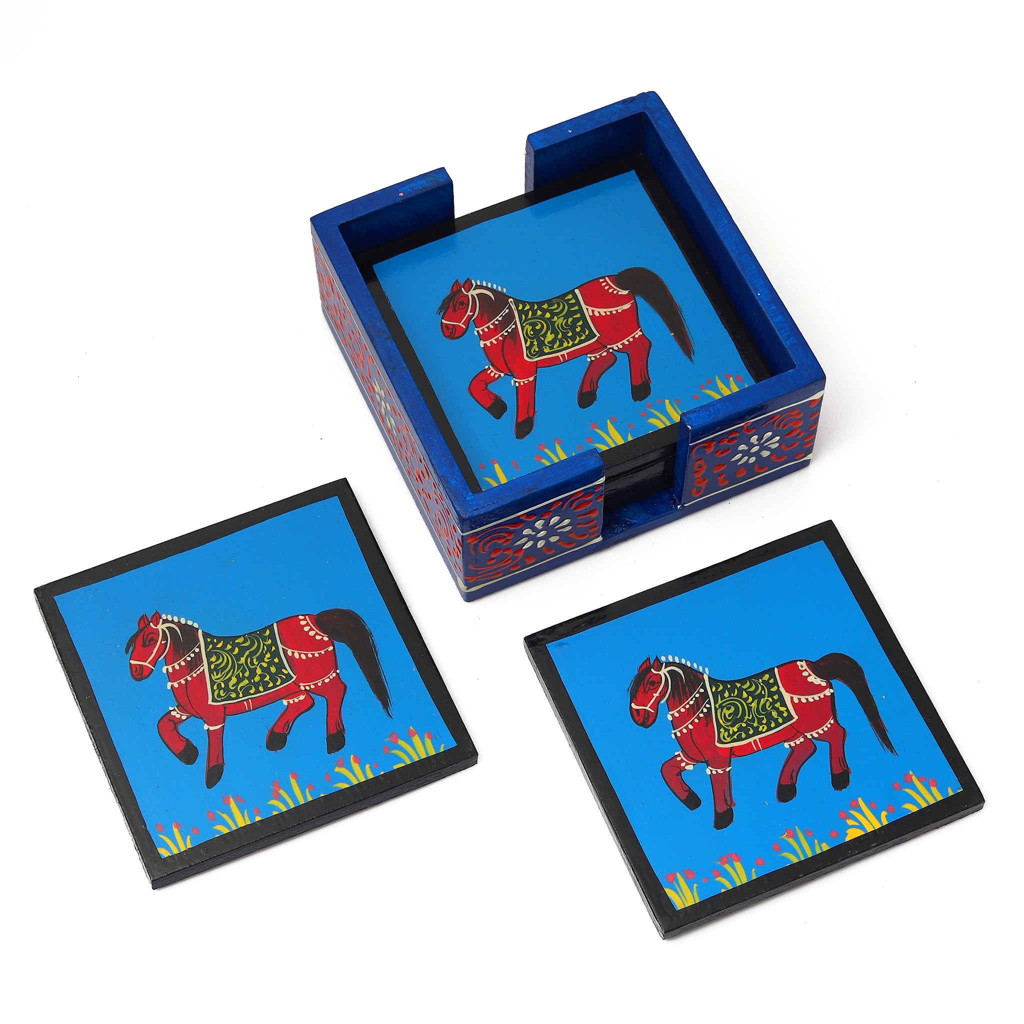 Hand Painted Horse Square Shaped Wooden Tea Coaster Blue Color- Set of 6