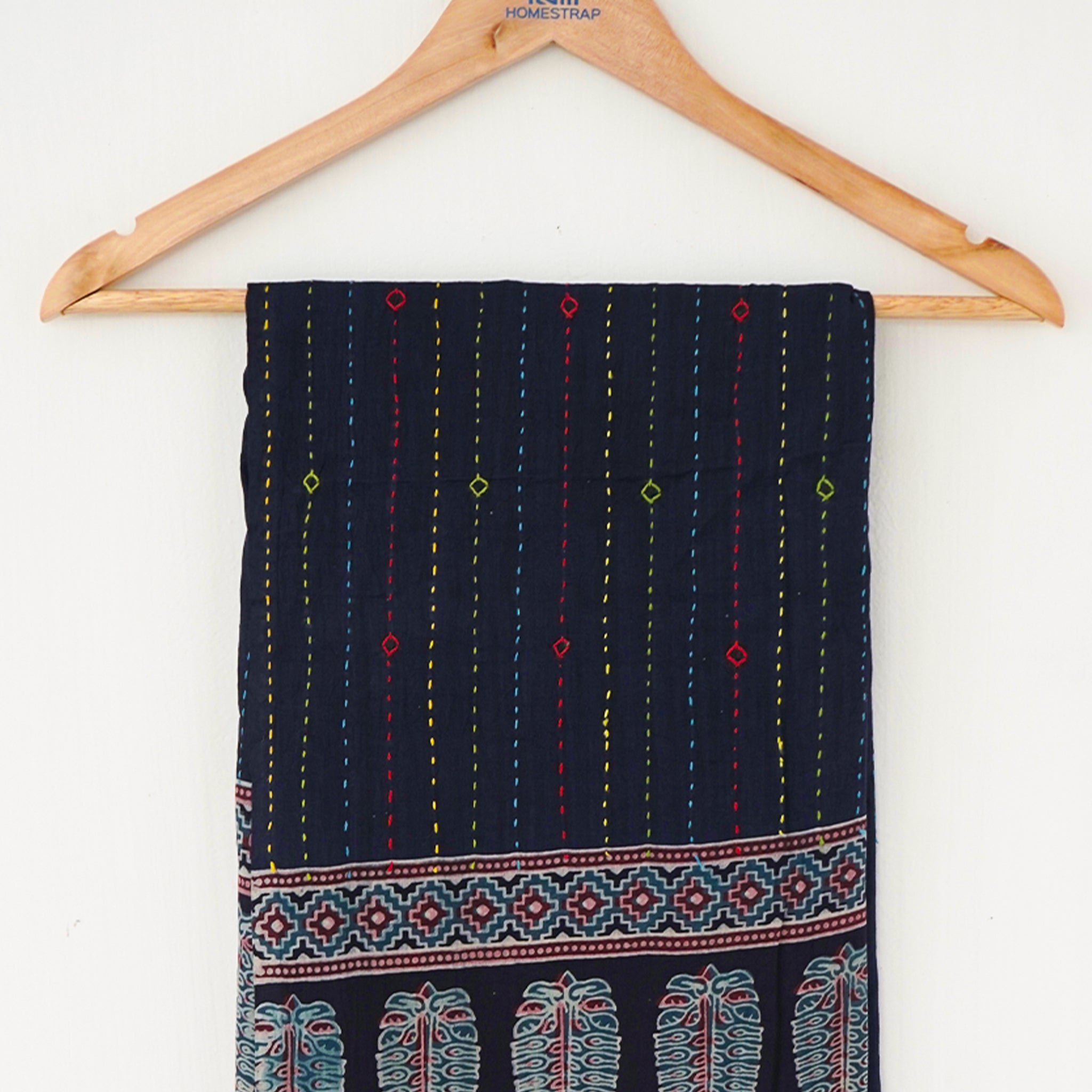 Elegant Ajrakh Block Print Dupatta with Kantha Embroidery – Double Shade Design