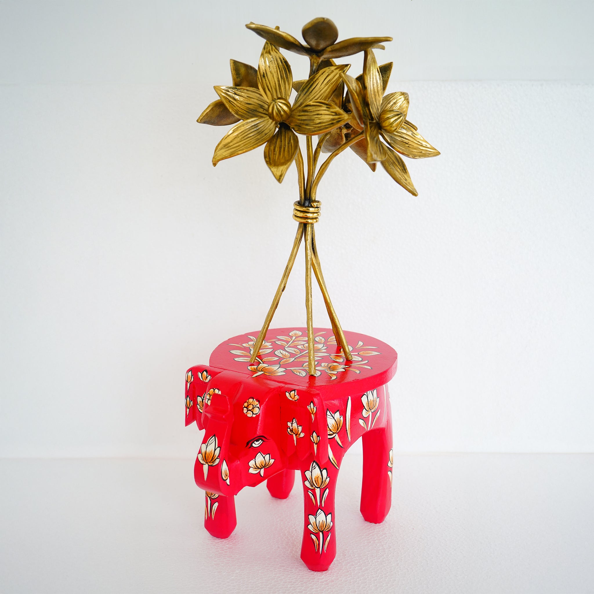 Hand-Painted Wooden Elephant Shape Red Stool