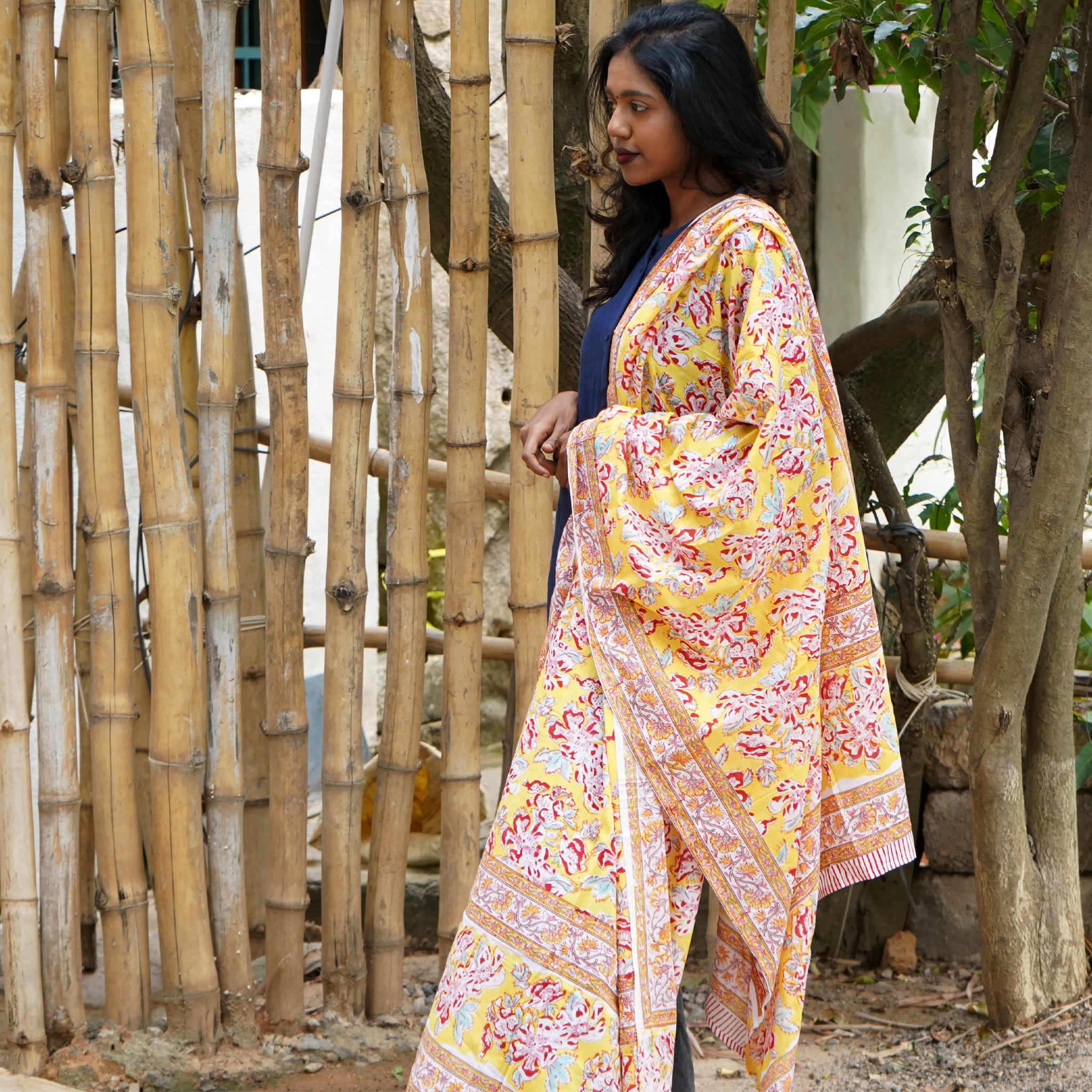 Shop Yellow Hand Block-printed Chambric Dupatta Online