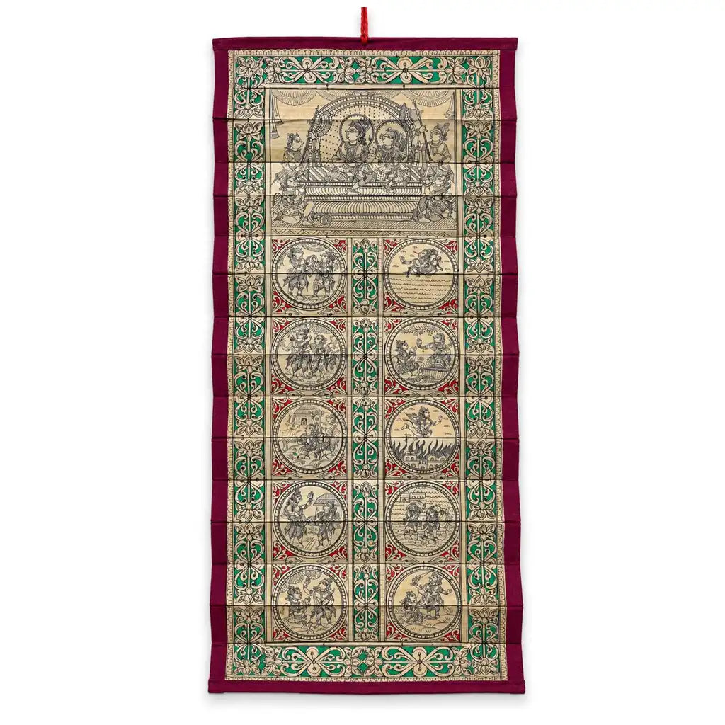 A vertical hanging textile or wall hanging with a deep burgundy border, cream central field, and rows of ornate green and red decorative panels with small illustrated scenes. A red hanging loop is visible at the top against a plain white background.