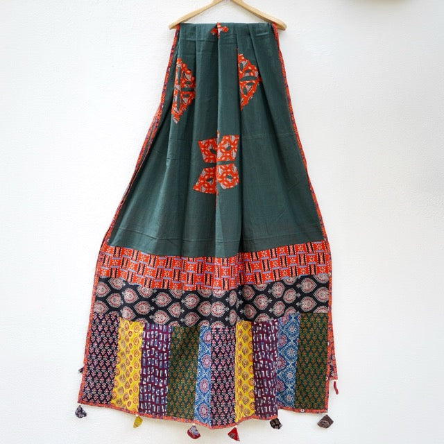 Patchwork Ajrakh Dupatta-  Dark Green