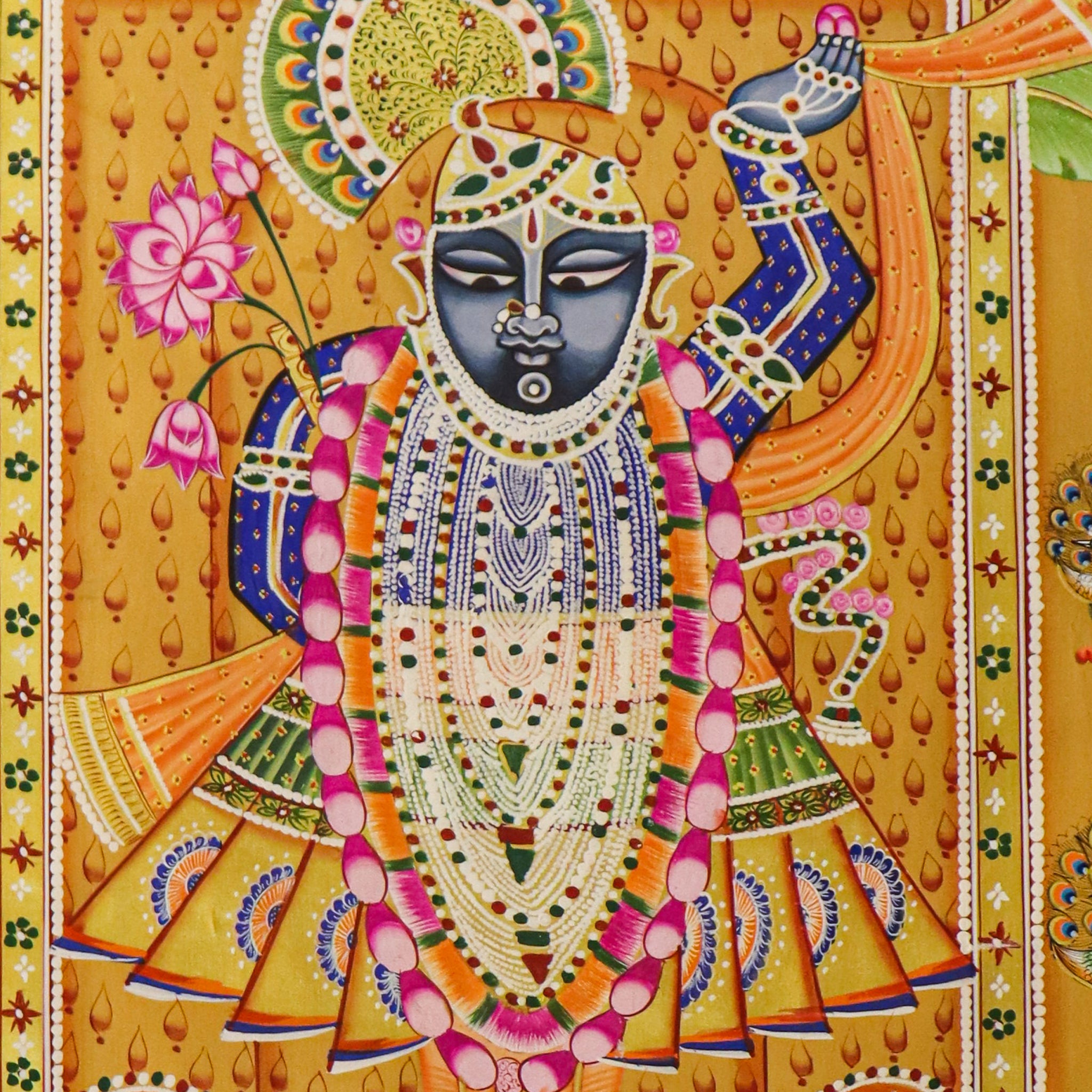 Srinathji Pichwai Painting with Sacred Cows & Traditional Motif Border(40.5 X 44.5 Inches)-Made to Order