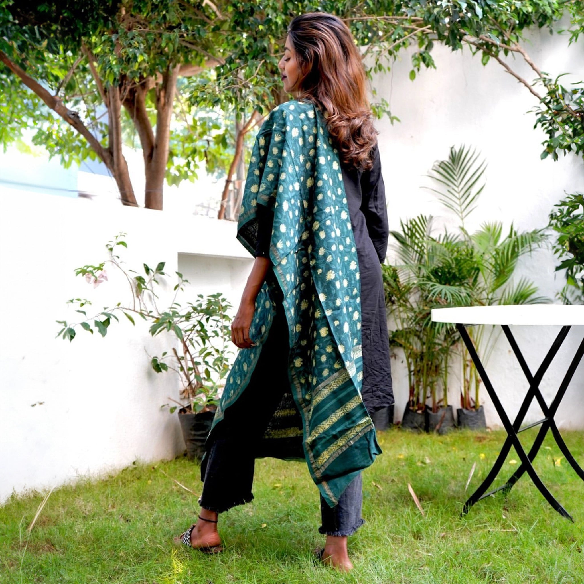 Shop Flower Buds Green Chanderi Cotton Dupatta Online