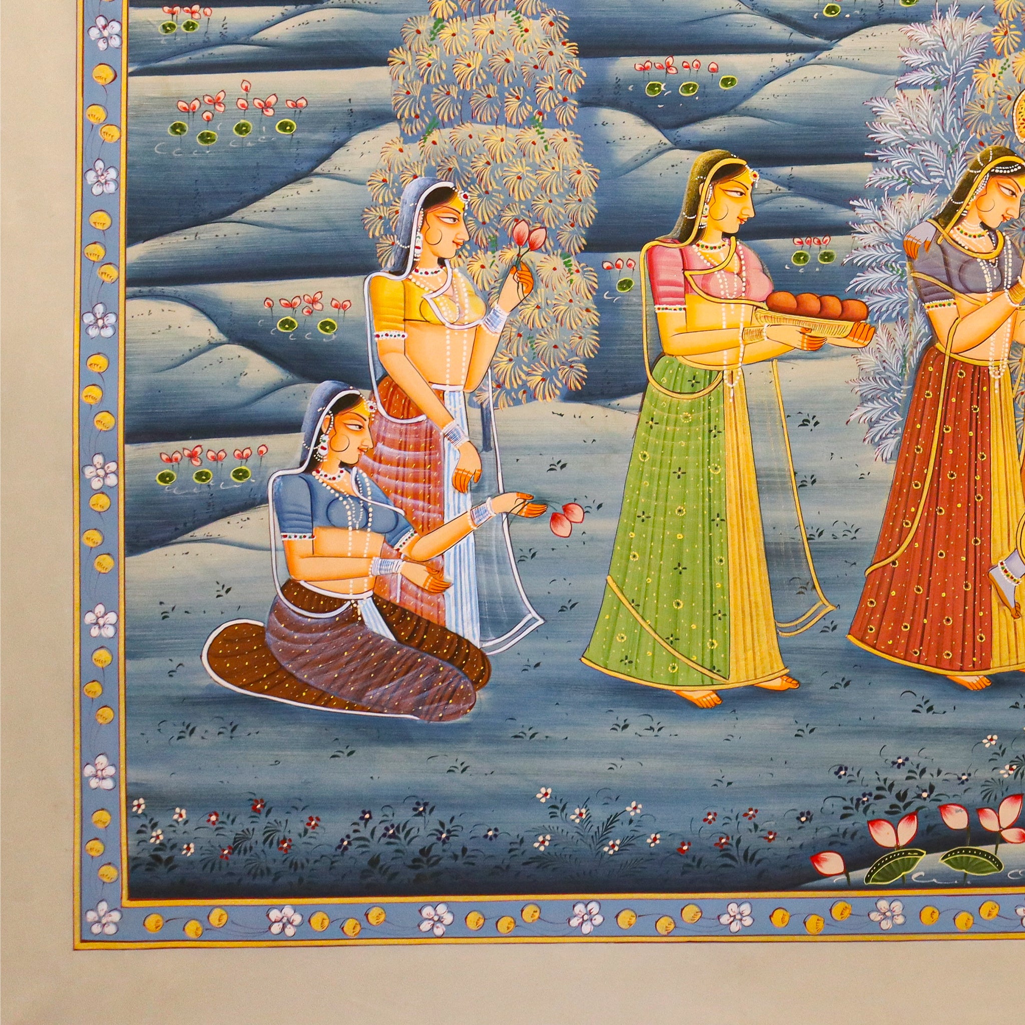 Traditional Pichwai Art of Radha Krishna Under Tree with Devotional Music Theme-Made to Order