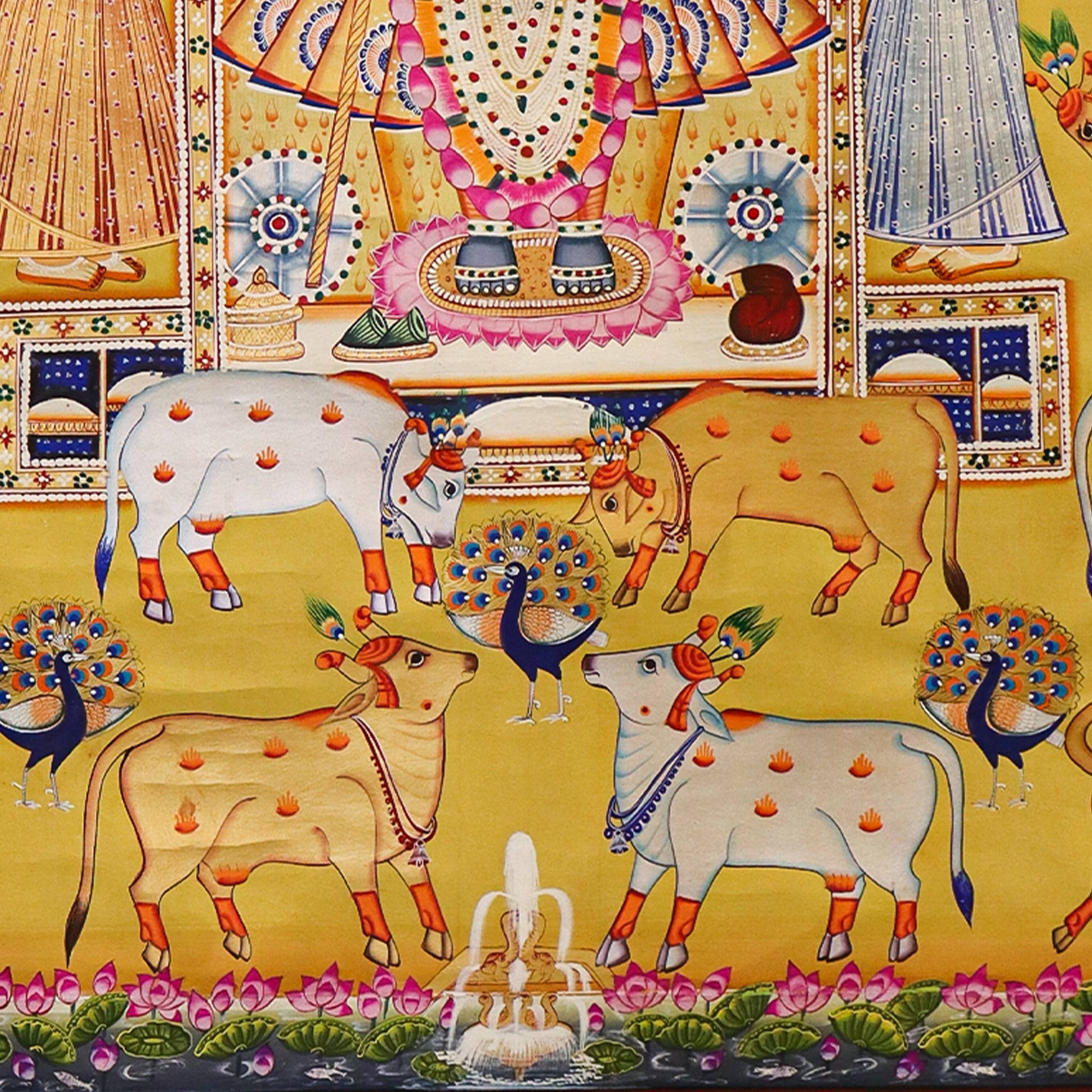 Srinathji Pichwai Painting with Gopikas, Cows & Peacocks Devotional Indian Art(36.5 X 48.5 Inches)-Made to Order