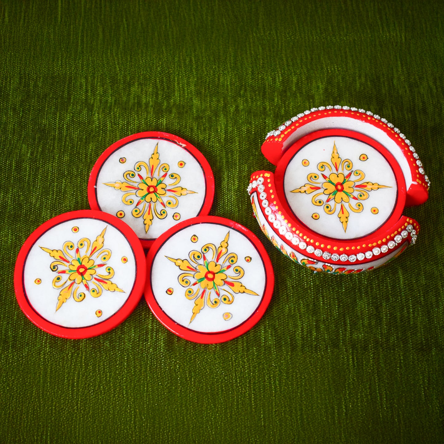 Kishangarh Marble Tea Coasters with Beautiful Floral & Red Accents