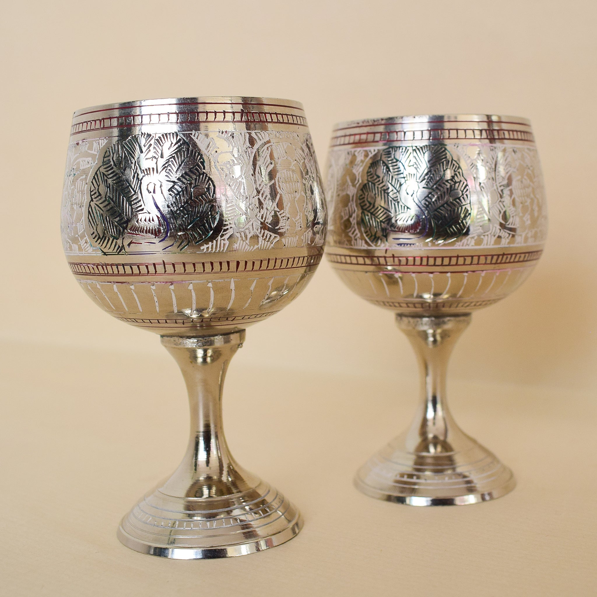 Brass Wine Glass with Handmade with Peacock Minakari Work-Set of Two