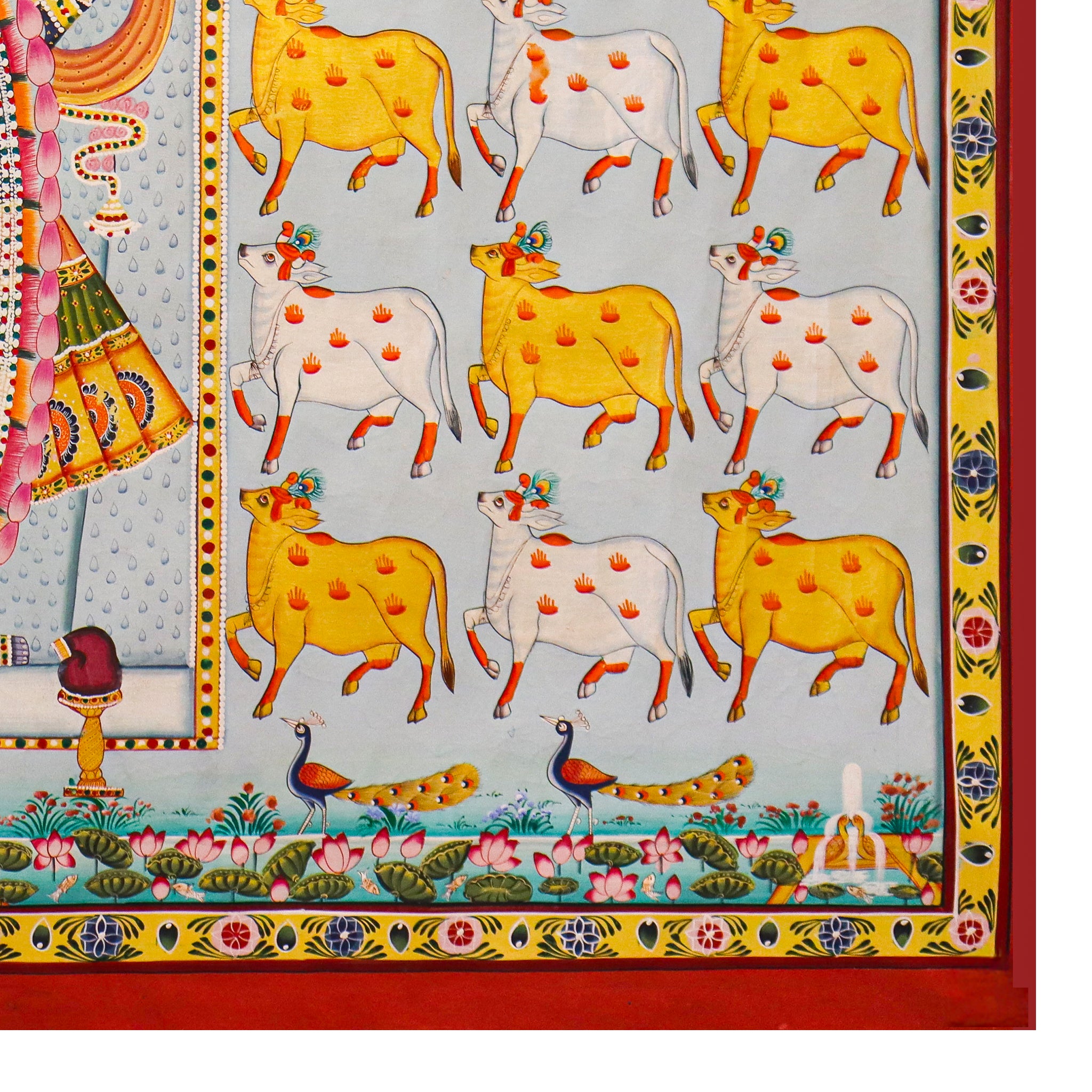 Divine Srinathji Pichwai  Handcrafted Art with Yellow & White Cow Pattern(31.5 x 44 Inches)-Made to Order