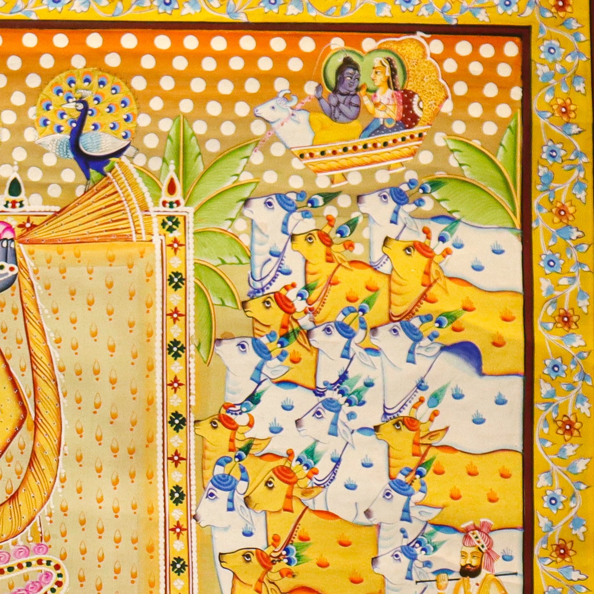 Srinathji Divine Wedding Pichwai Painting with Radha, Krishna & Sacred Cows(36.5 X 48.5 Inches)