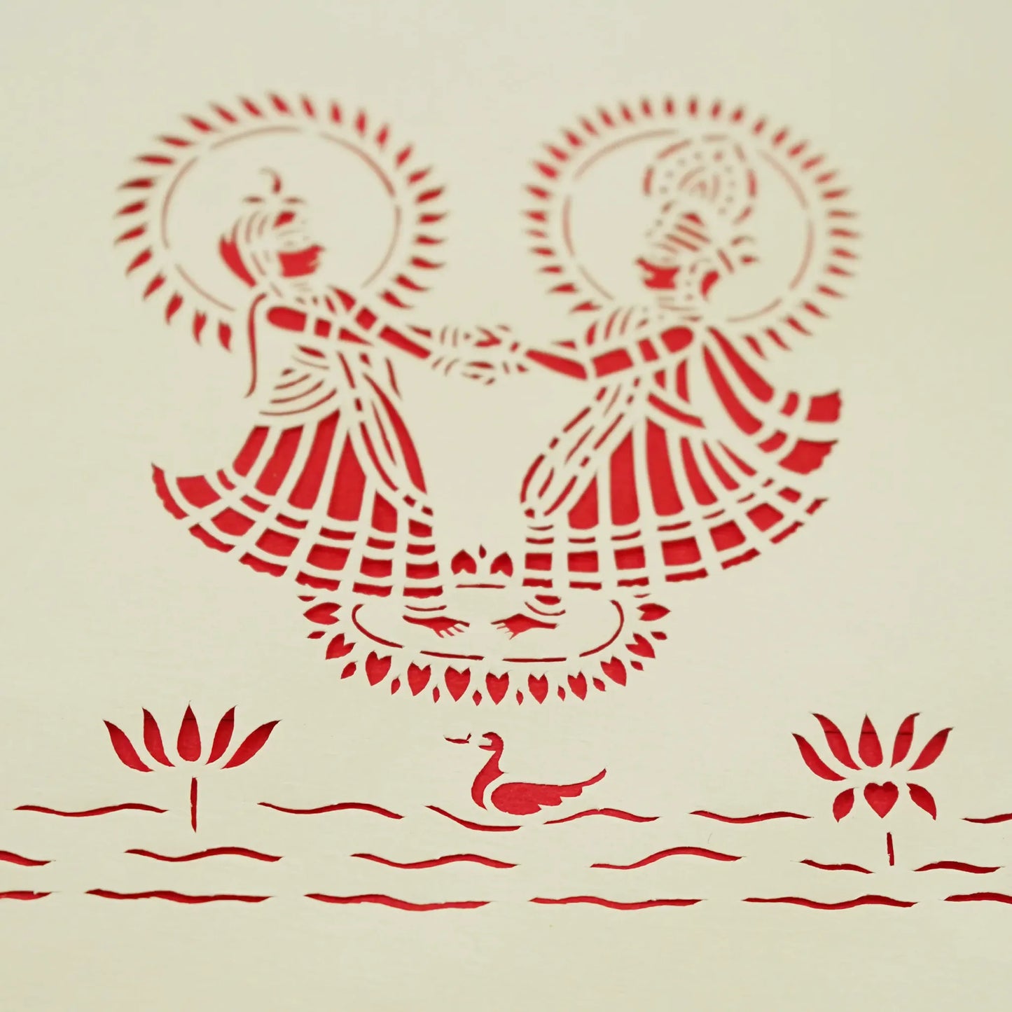 Raas-Radha Krishna Dancing Sanjhi Paper Cutting Art-Red Background