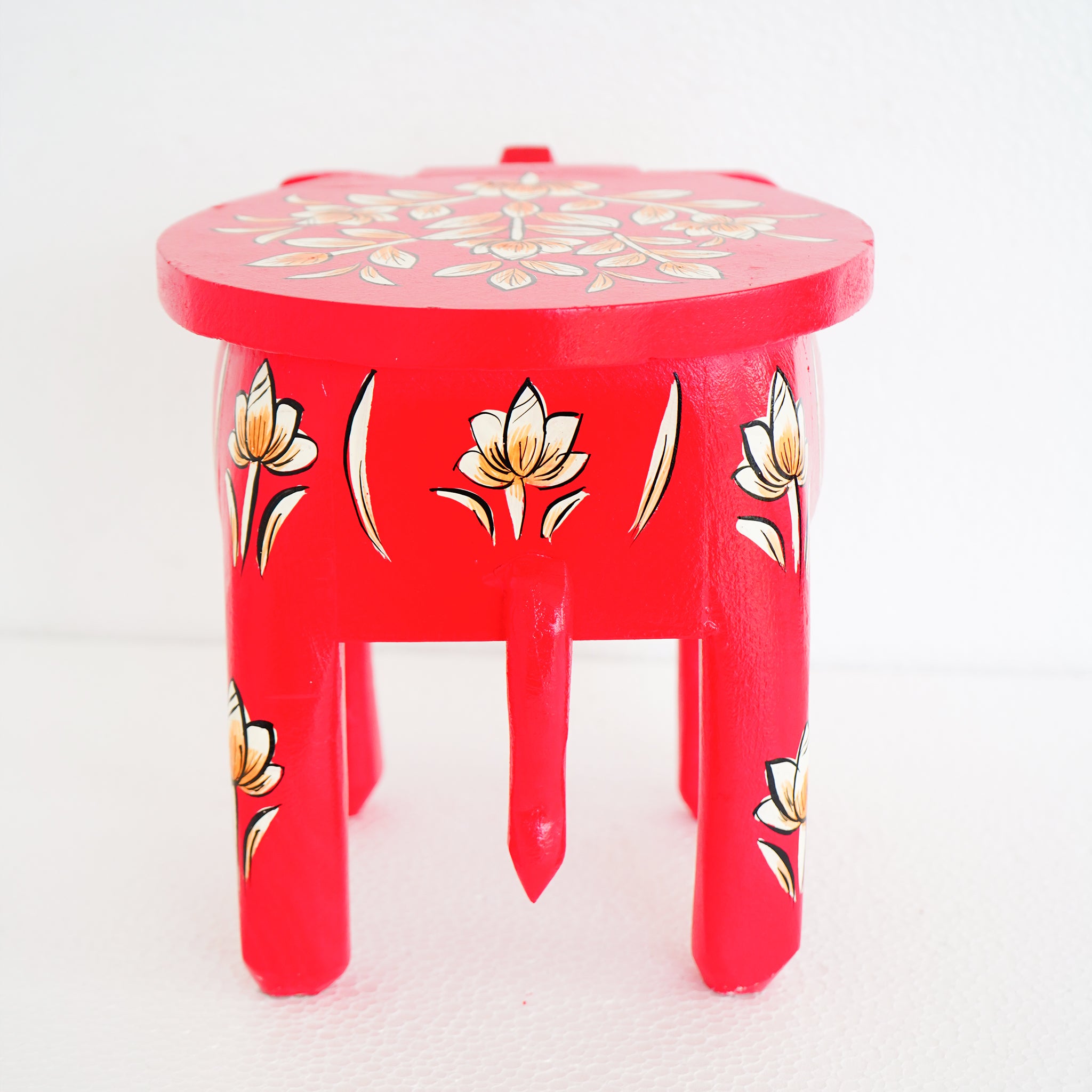 Hand-Painted Wooden Elephant Shape Red Stool