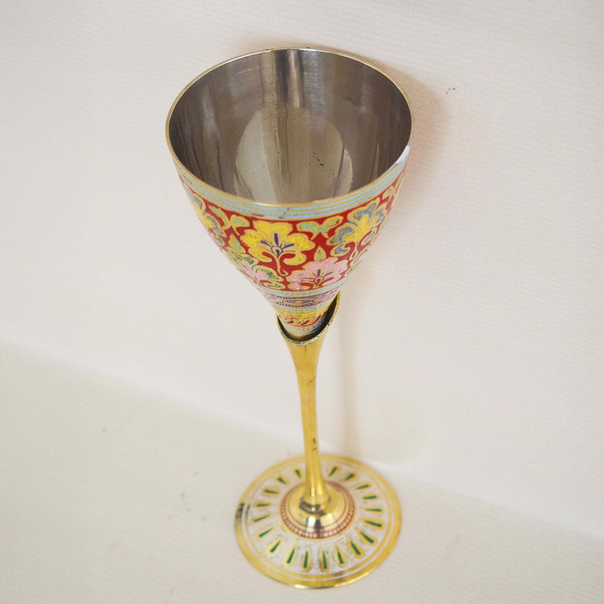 Brass Wine Glass with Handmade Golden and Red Floral Minakari Work