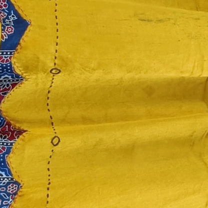 Ajrakh Patchwork Dupatta with Applique work Border - Pure Modal Silk - Mustard