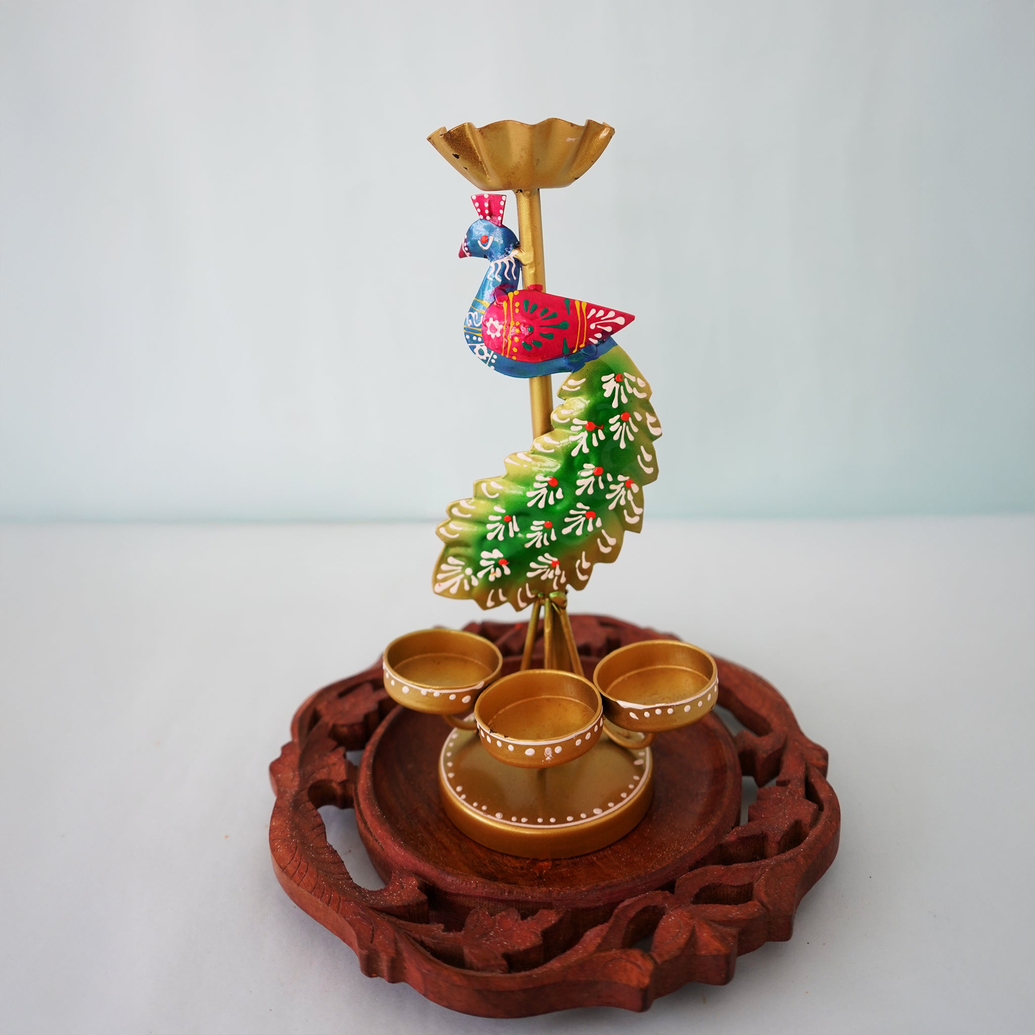Peacock 3 Light Stand - Traditional Brass Diya Holder for Pooja Room & Home Decor