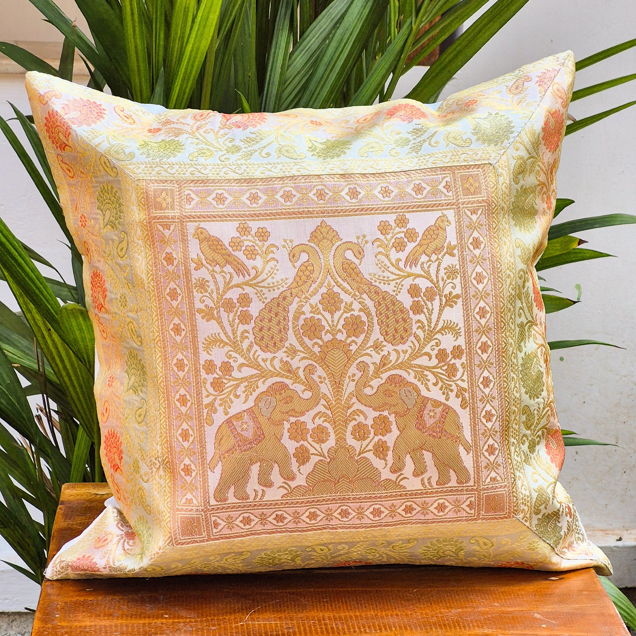 Cream Color Banarasi Patchwork Pillow Covers with Zari Work (Set of 2)