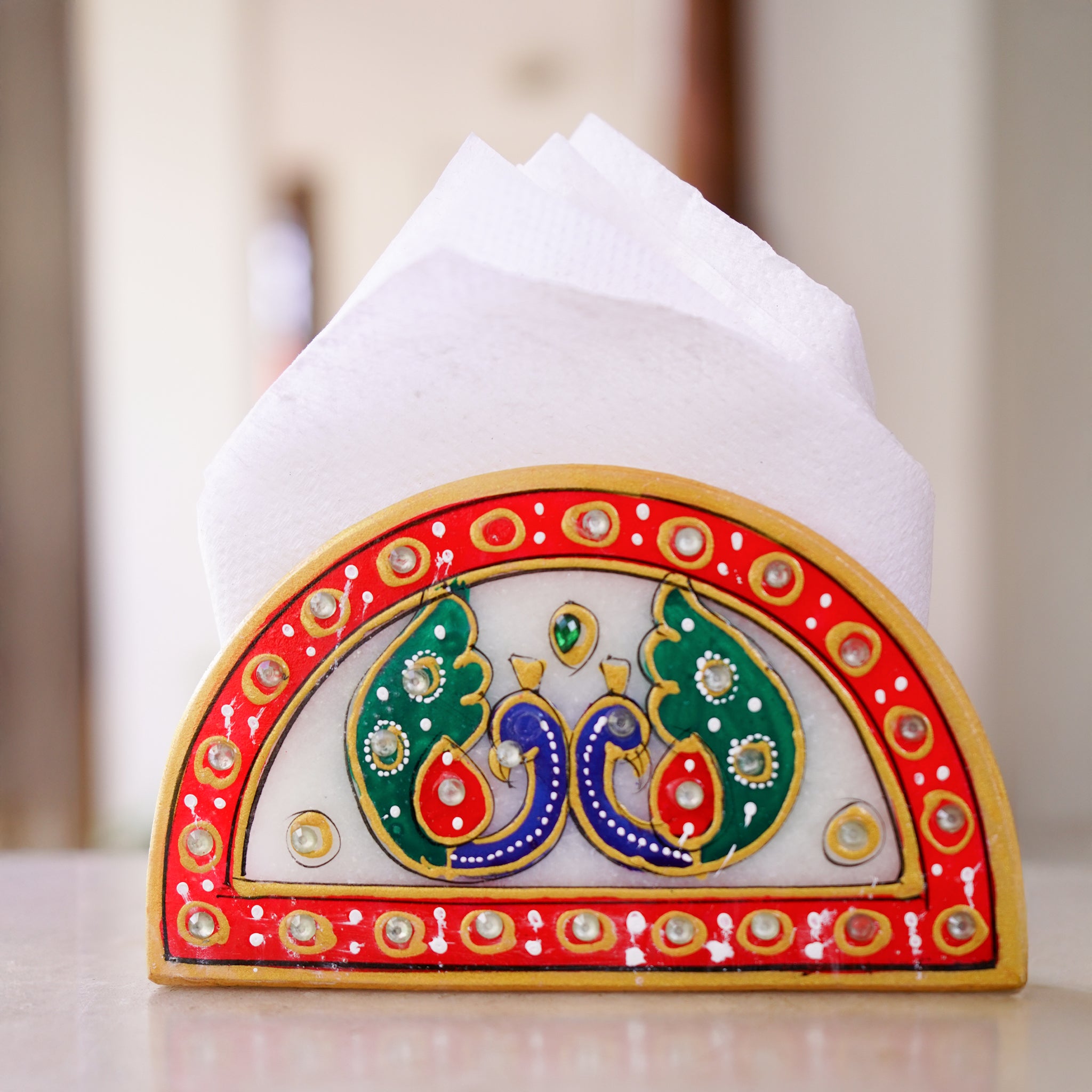 Kishangarh Marble Napkin Holder with Meenakari Peacocks