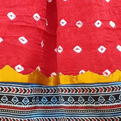 Ajrakh  Bandhani Print and Patchwork Dupatta - Pure Modal Silk - Scarlet Red