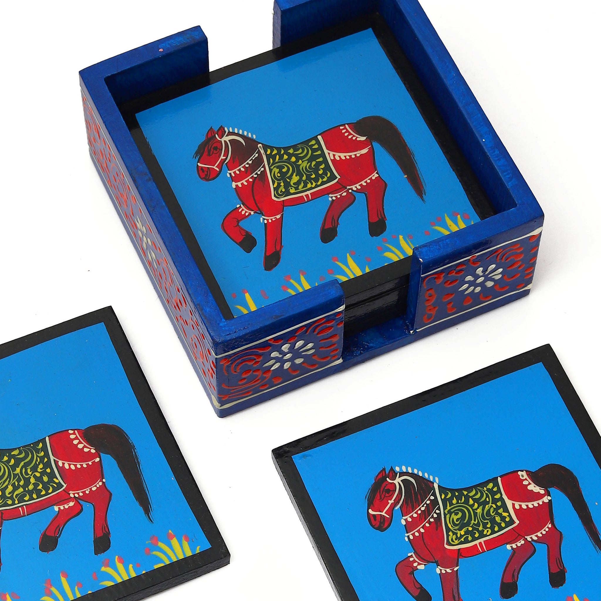 Hand Painted Horse Square Shaped Wooden Tea Coaster Blue Color- Set of 6