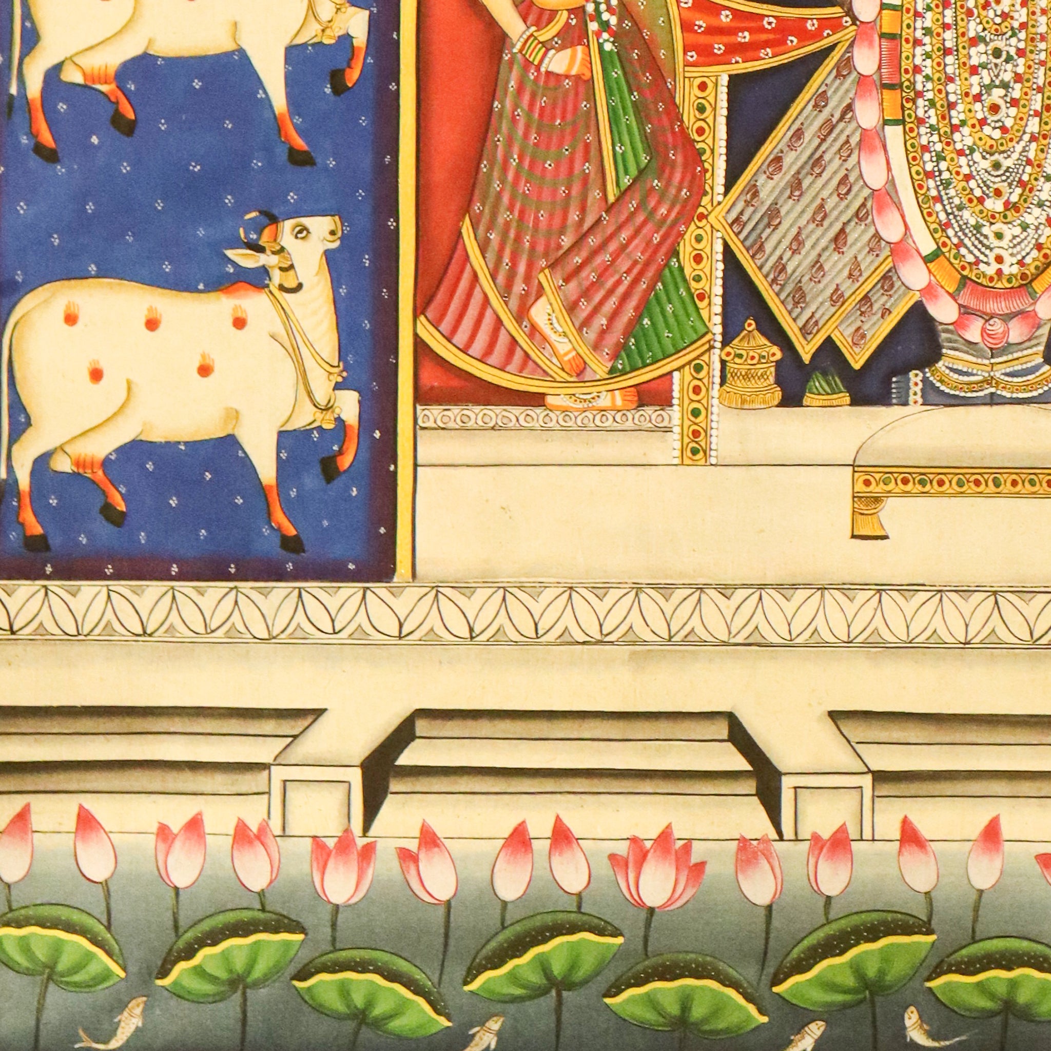 Srinathji Pichwai Painting with Gopikas, Sacred Cows Devotional Indian Art(36 X 48 Inches)-Made to Order