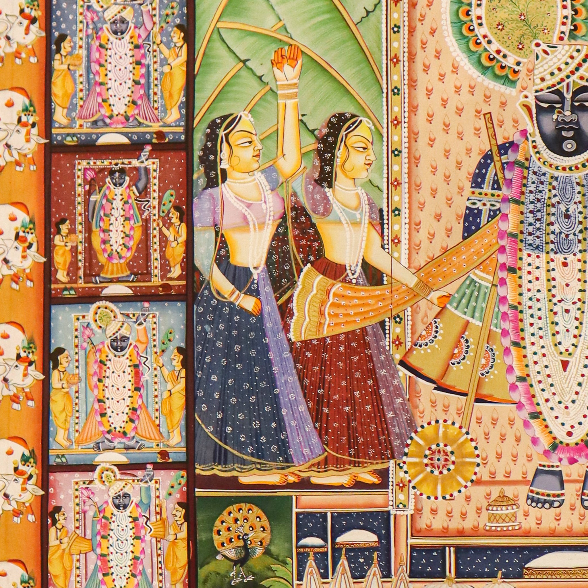 Srinathji Pallakh Pichwai Painting with Krishna Avatars & Sacred Cow Border(44 X 62 Inches)-Made to Order