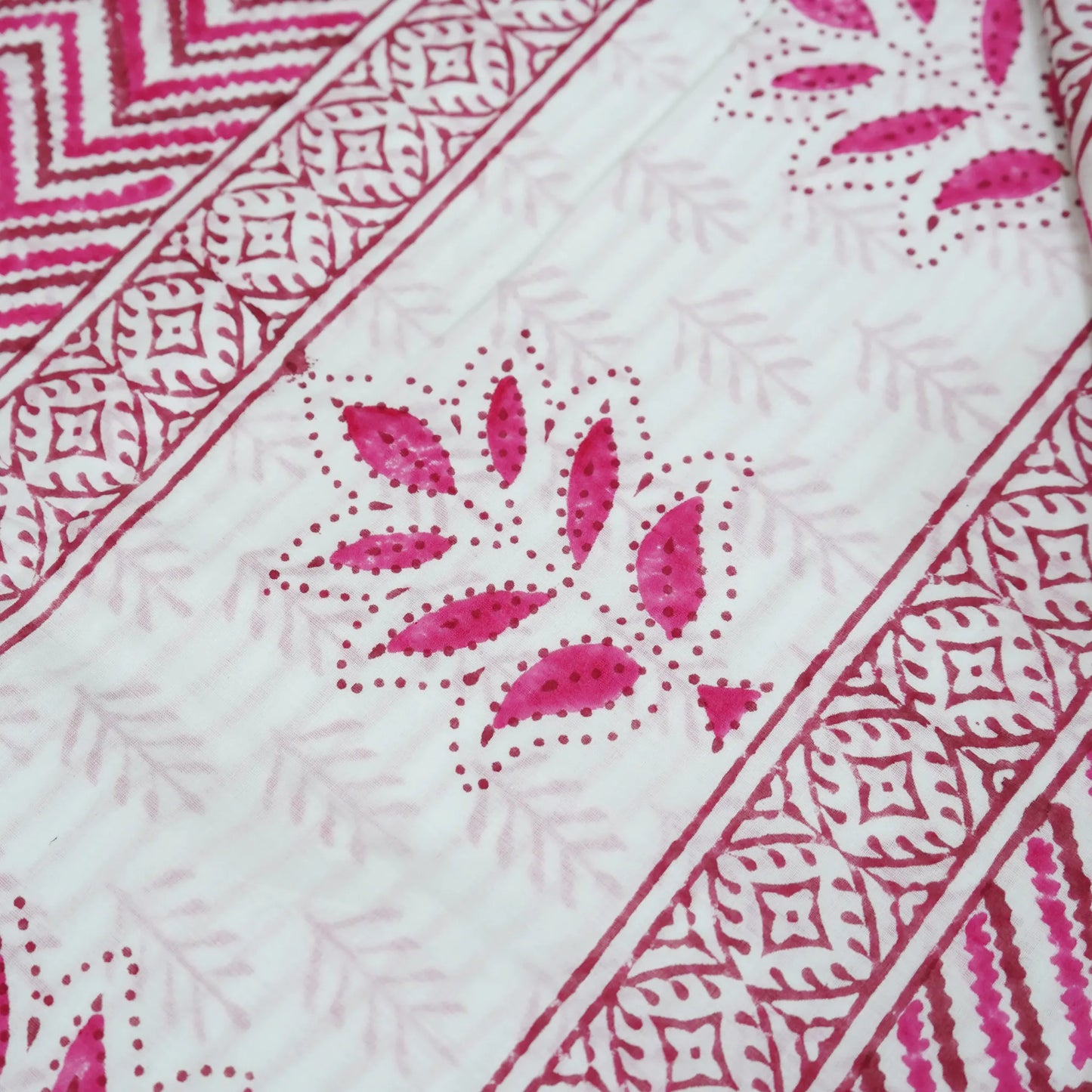 Summer Splash: Hand Block Printed-White and Rani Pink-Geometric Border