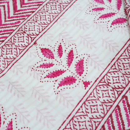 Summer Splash: Hand Block Printed-White and Rani Pink-Geometric Border