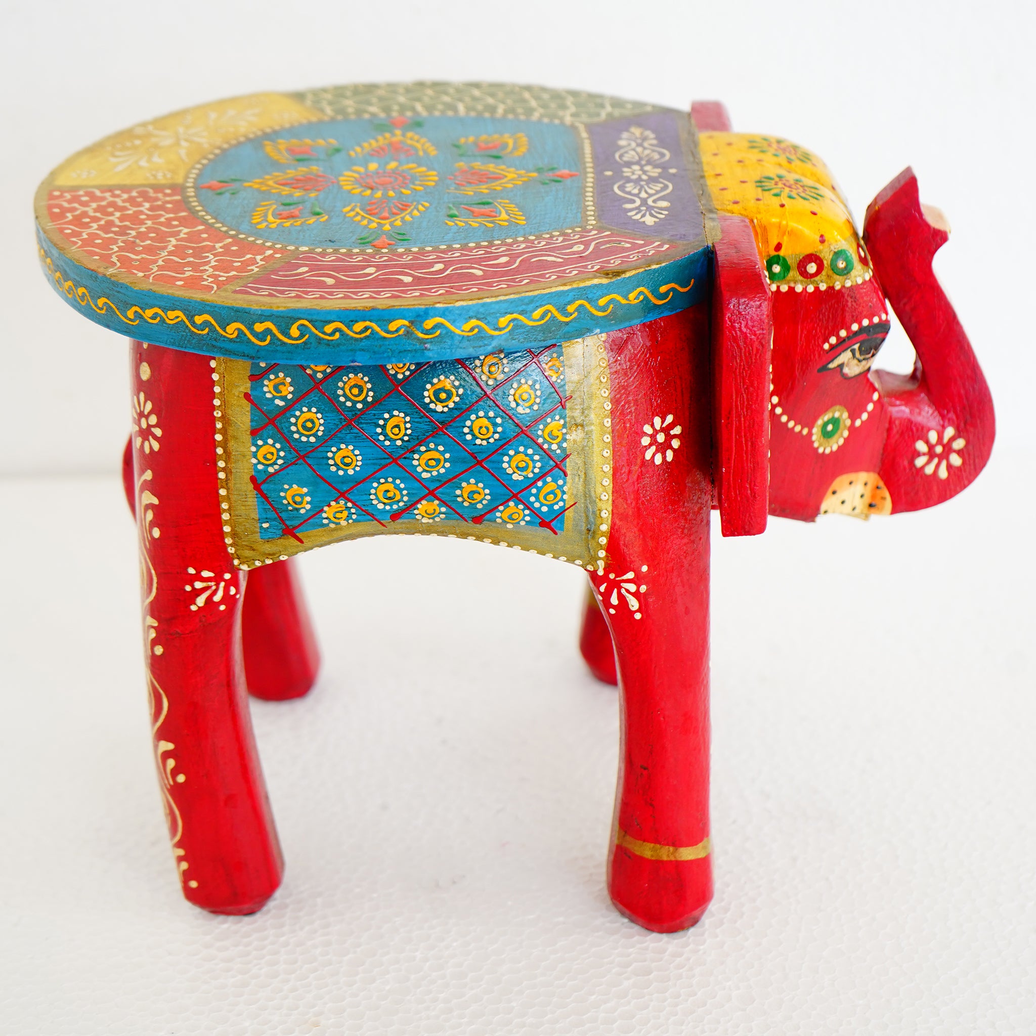 Hand-Painted Wooden Elephant Stool-Multicolor