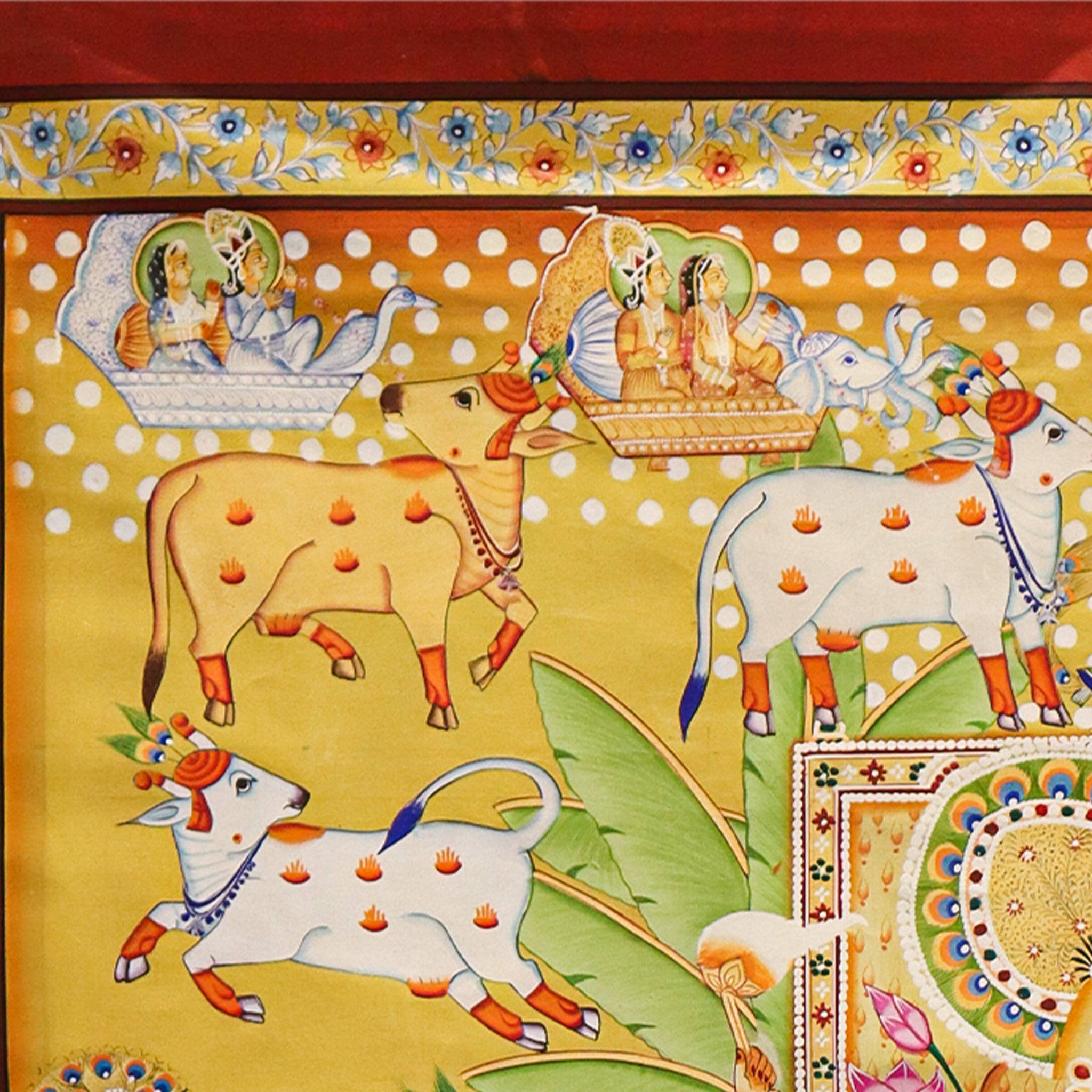 Srinathji Pichwai Painting with Gopikas, Cows & Peacocks Devotional Indian Art(36.5 X 48.5 Inches)