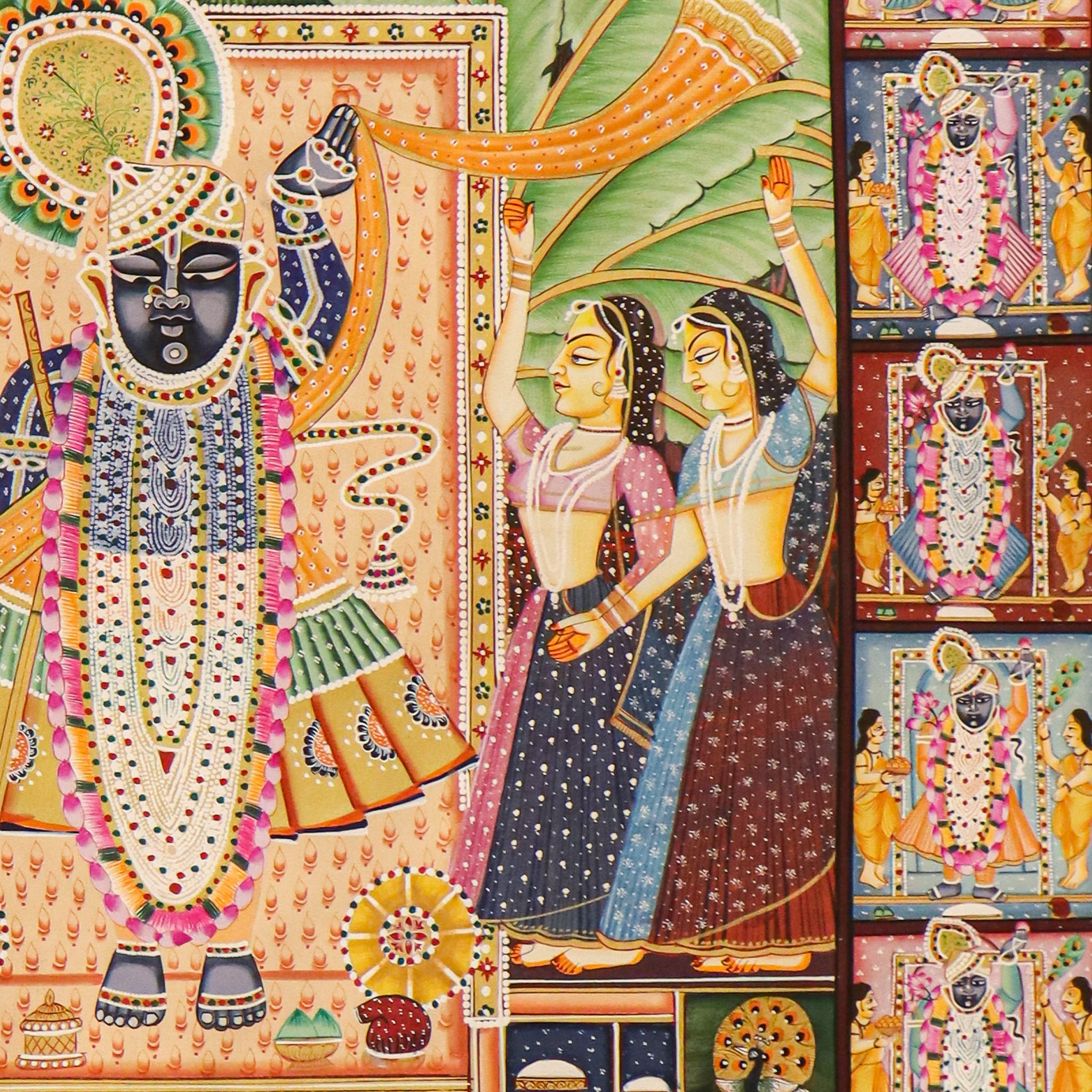 Srinathji Pallakh Pichwai Painting with Krishna Avatars & Sacred Cow Border(44 X 62 Inches)-Made to Order