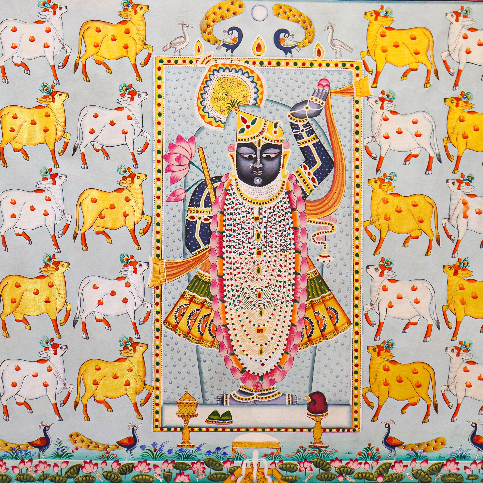 Divine Srinathji Pichwai  Handcrafted Art with Yellow & White Cow Pattern(31.5 x 44 Inches)-Made to Order