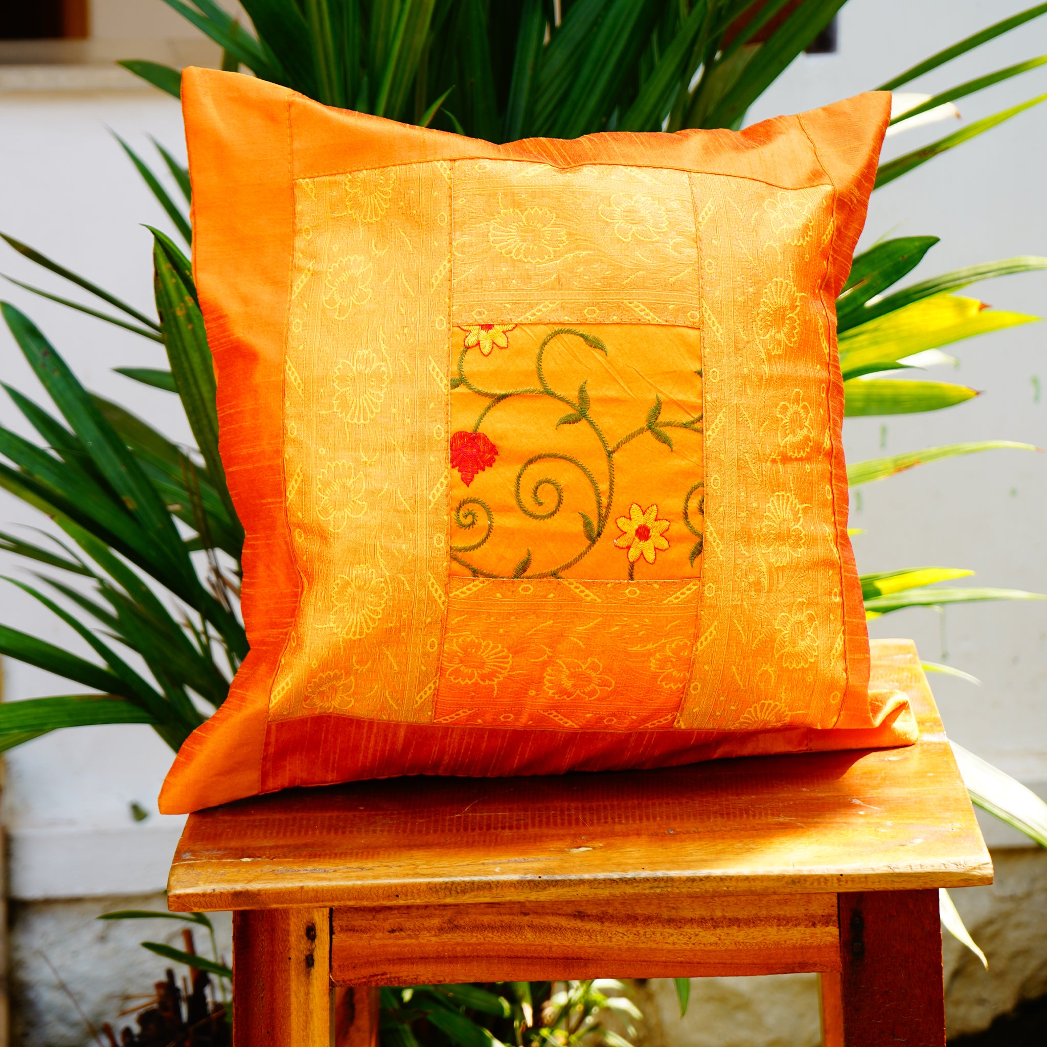 Banarasi Vibrant Orange Patchwork Pillow Cover(Set of 2)