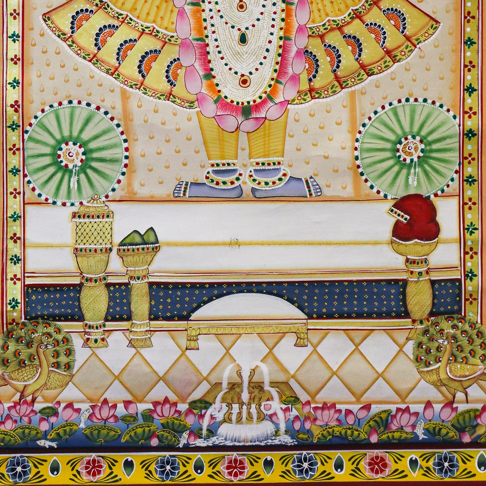 Divine Srinathji Pichwai  Handcrafted Art with Yellow & White Cow Pattern(32 X 44 Inches)-Made to Order