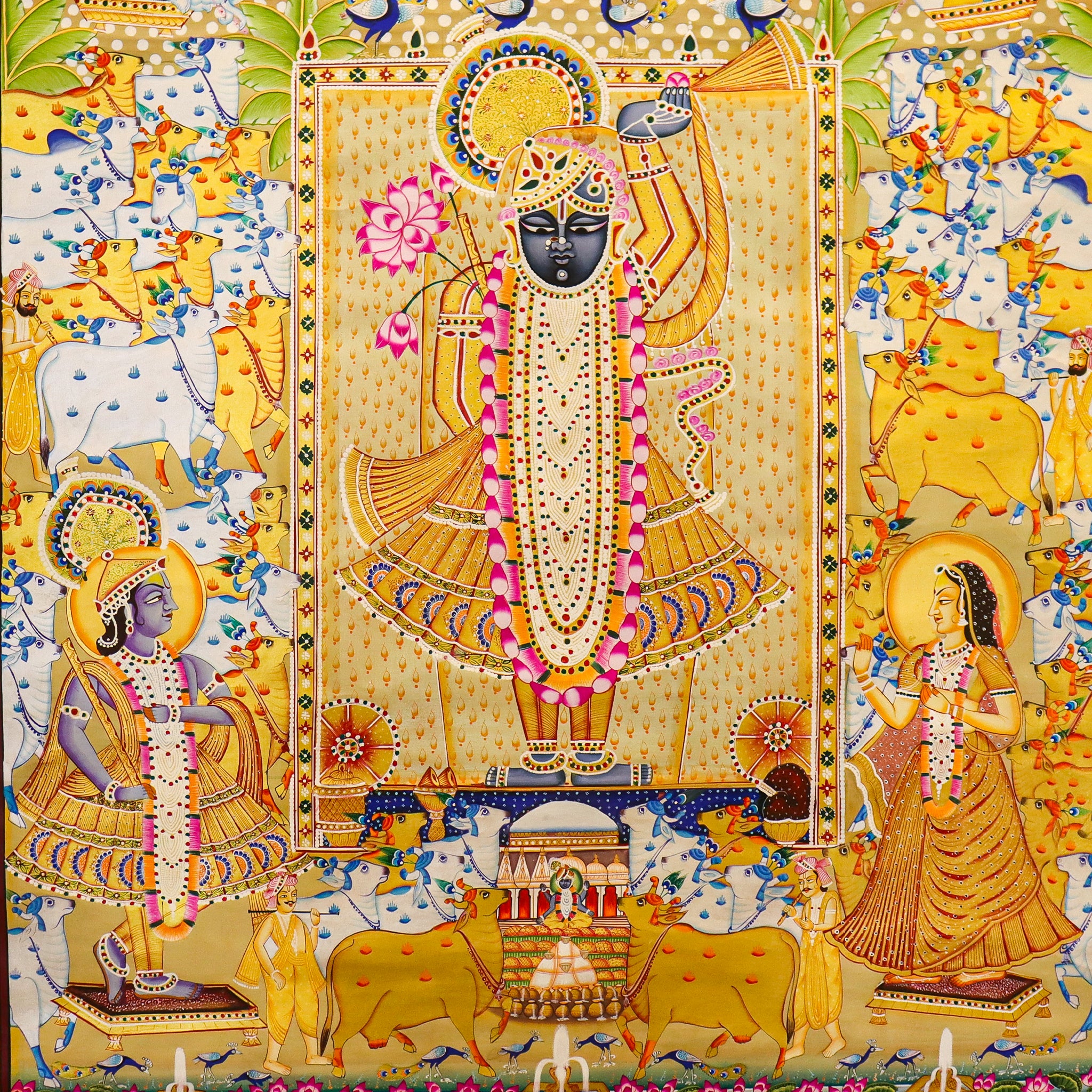 Srinathji Divine Wedding Pichwai Painting with Radha, Krishna & Sacred Cows(36.5 X 48.5 Inches)