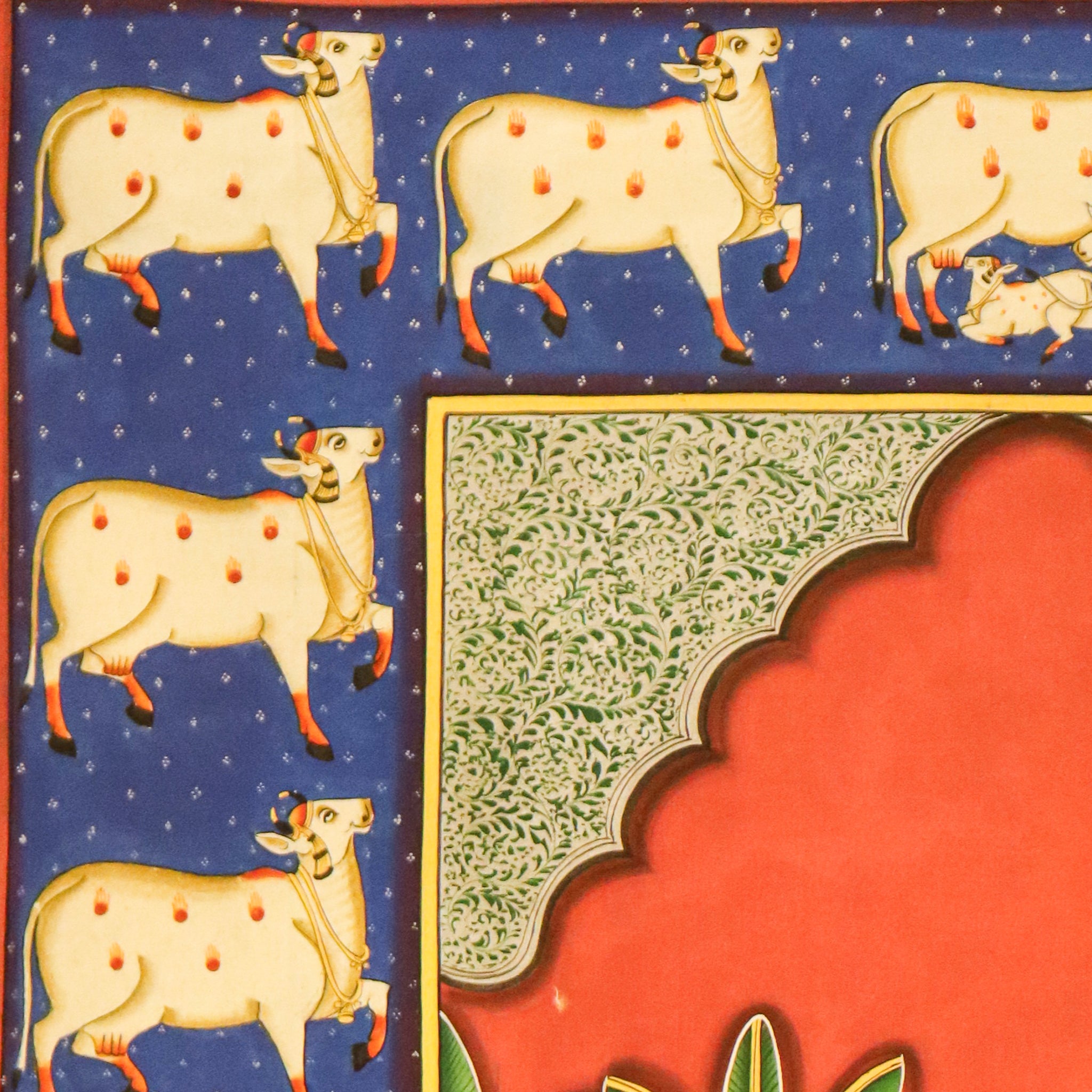 Srinathji Pichwai Painting with Gopikas, Sacred Cows Devotional Indian Art(36 X 48 Inches)-Made to Order