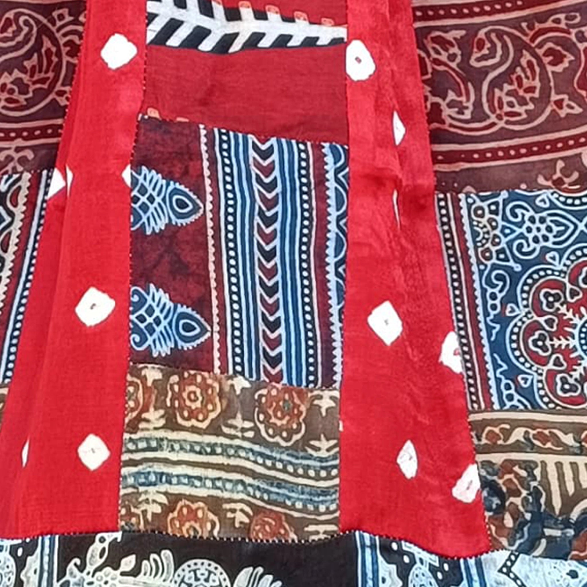 Ajrak Patchwork and Batik Print Dupatta - Pure Modal Silk - Scarlet Red and Blue