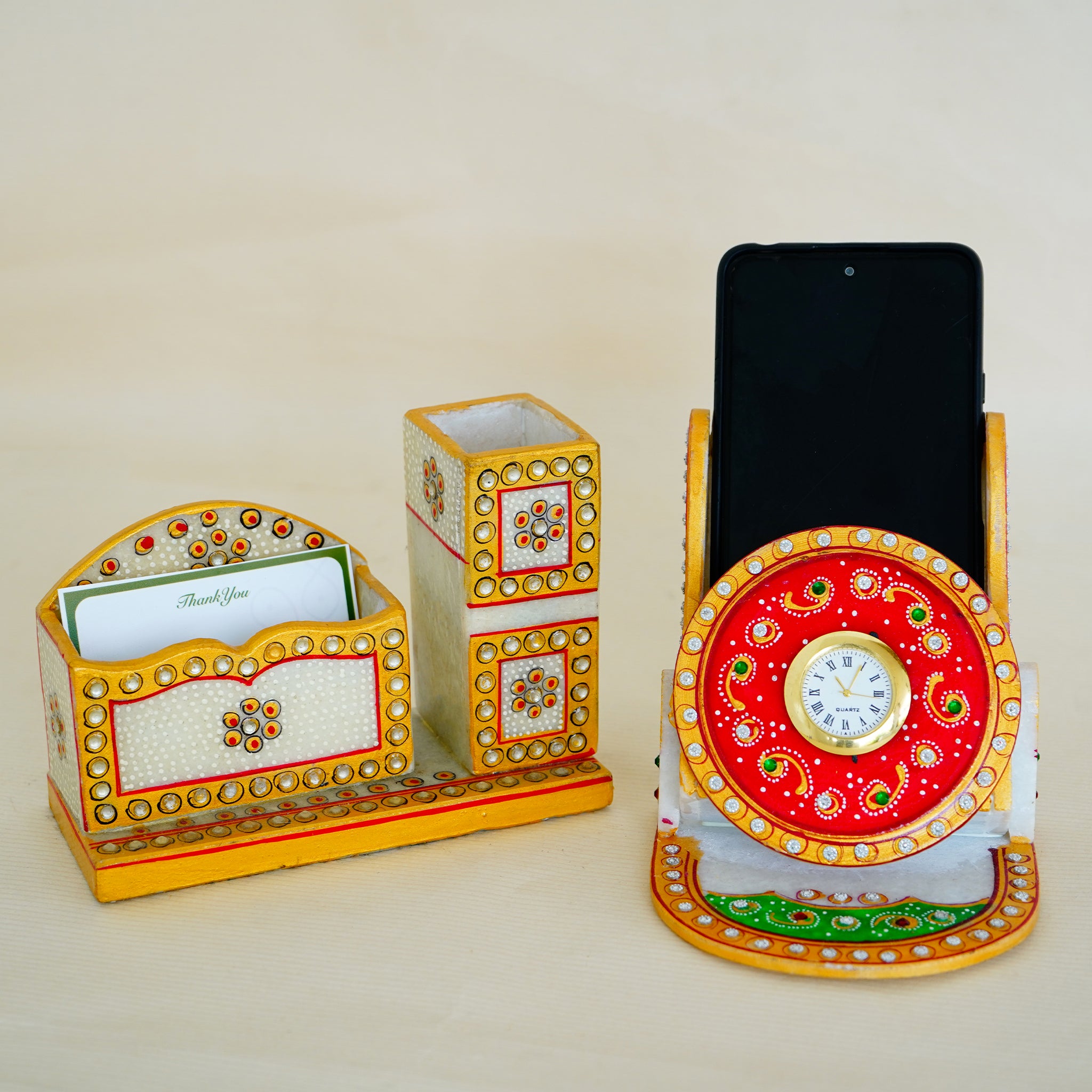 Kishangarh Marble Professional Combo Card Holder and Hand-Painted Peacock Clock