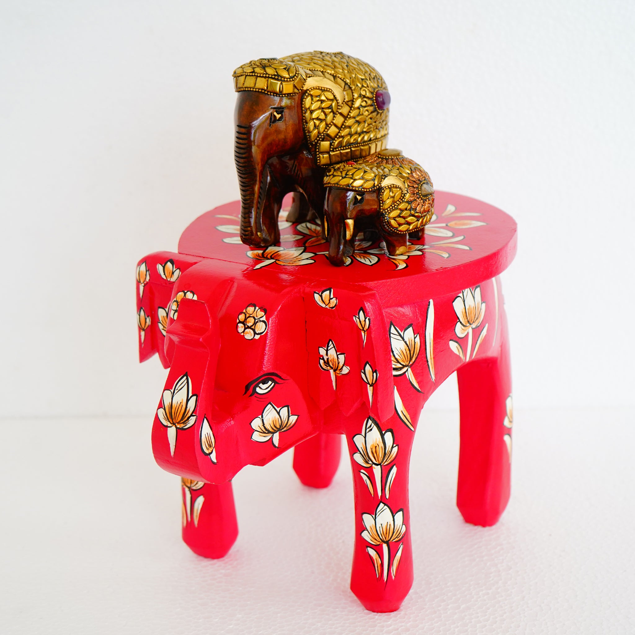 Hand-Painted Wooden Elephant Shape Red Stool
