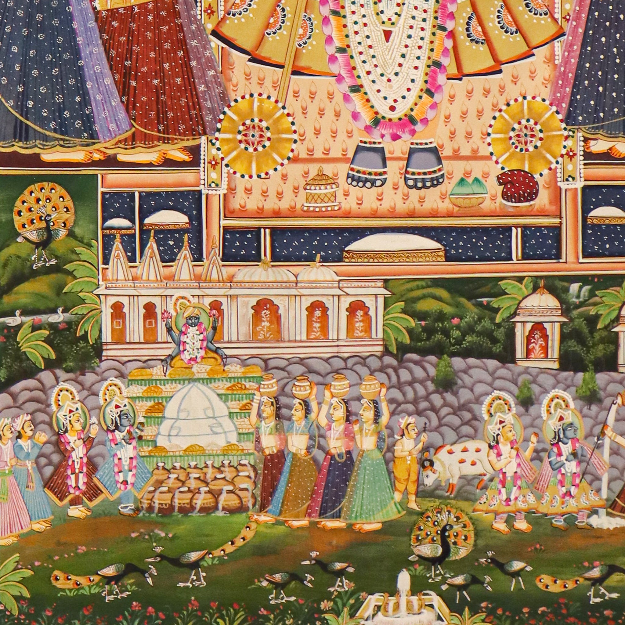 Srinathji Pallakh Pichwai Painting with Krishna Avatars & Sacred Cow Border(44 X 62 Inches)-Made to Order