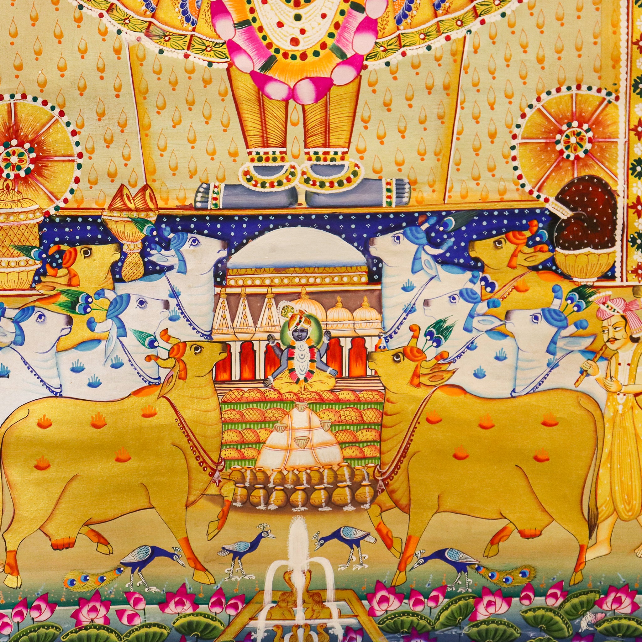 Srinathji Divine Wedding Pichwai Painting with Radha, Krishna & Sacred Cows(36.5 X 48.5 Inches)