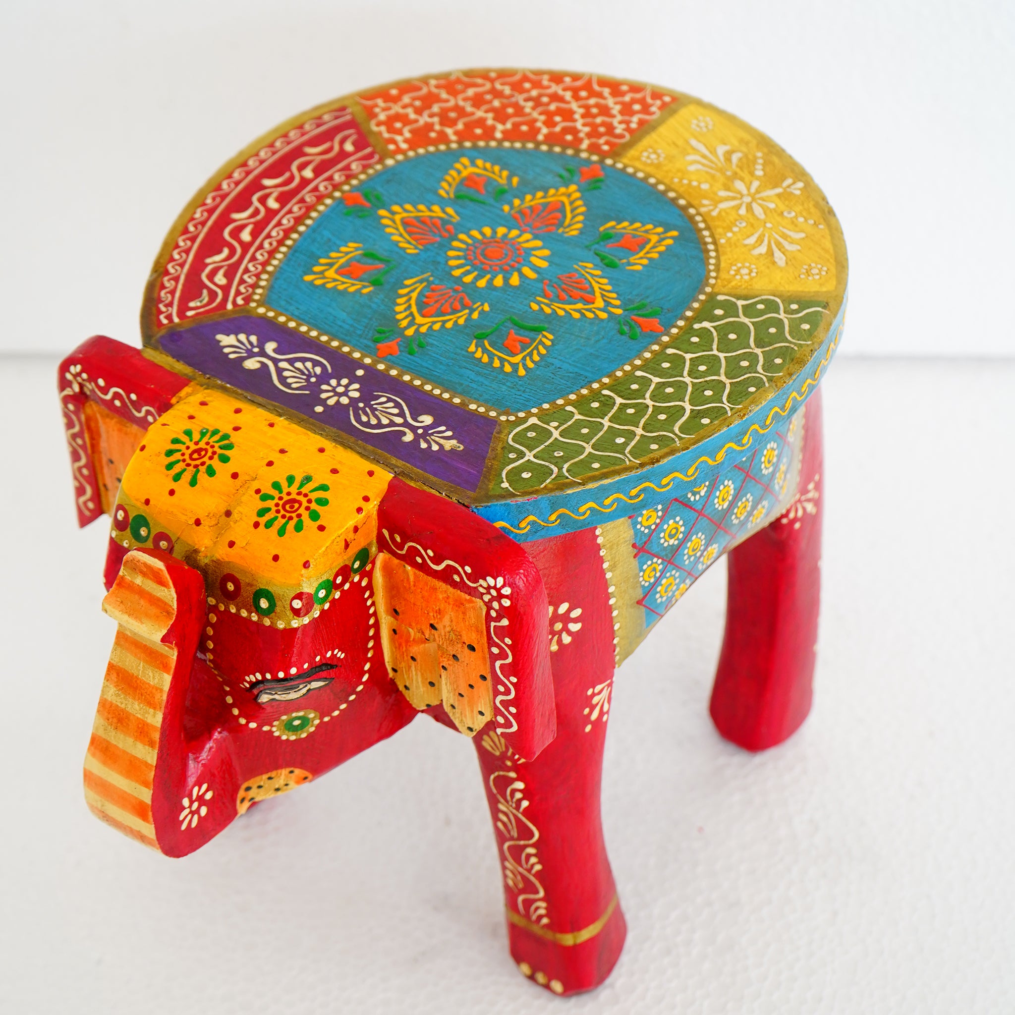 Hand-Painted Wooden Elephant Stool-Multicolor