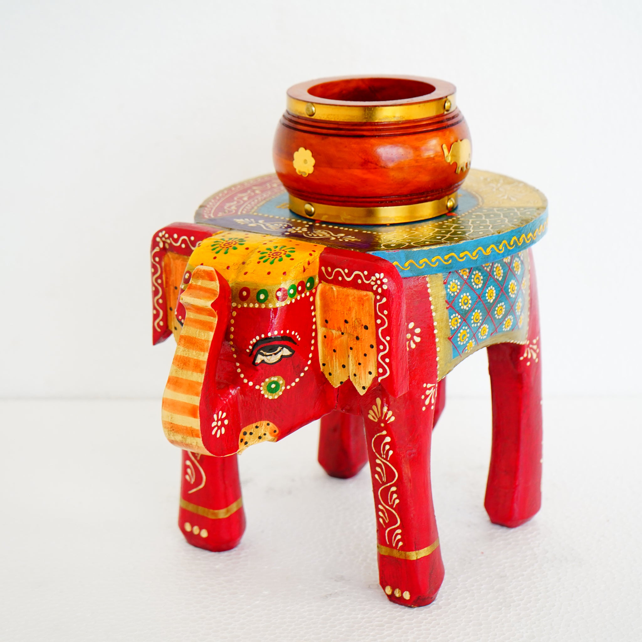 Hand-Painted Wooden Elephant Stool-Multicolor